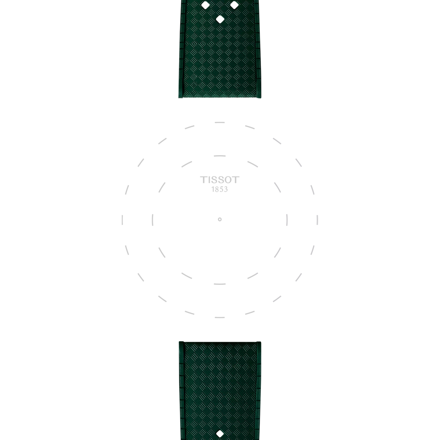 The Tissot Official Green Rubber Strap Lugs 20mm is displayed at the top and bottom of the image, with a dotted circular outline and "TISSOT 1853" centered to resemble a watch face on a white background.