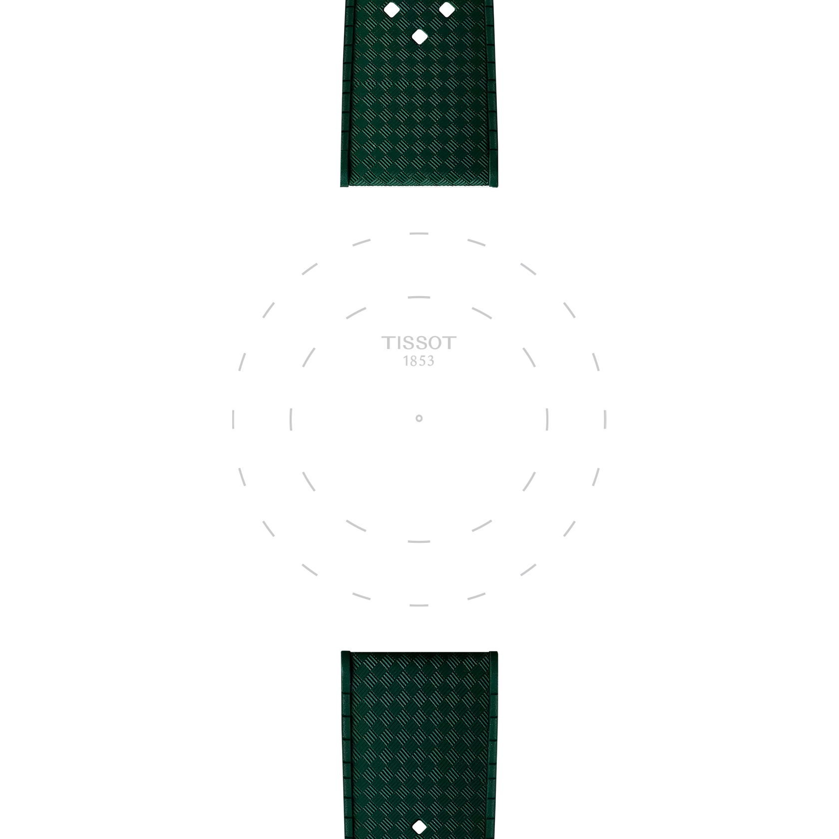 The Tissot Official Green Rubber Strap Lugs 20mm is displayed at the top and bottom of the image, with a dotted circular outline and "TISSOT 1853" centered to resemble a watch face on a white background.