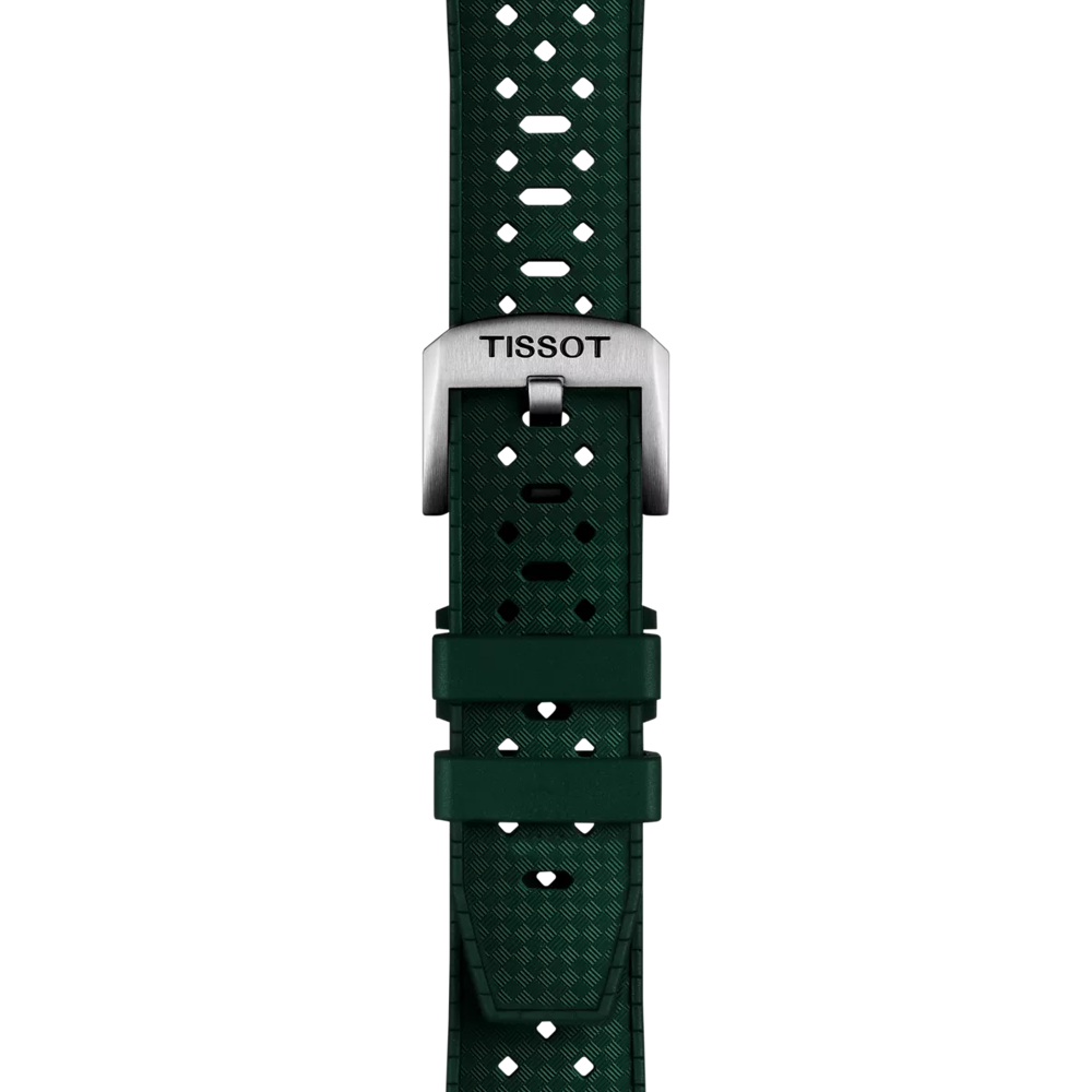 The Tissot Official Green Rubber Strap Lugs 20mm, featuring a textured green design and a silver buckle engraved with "TISSOT," is displayed vertically against a plain white background.