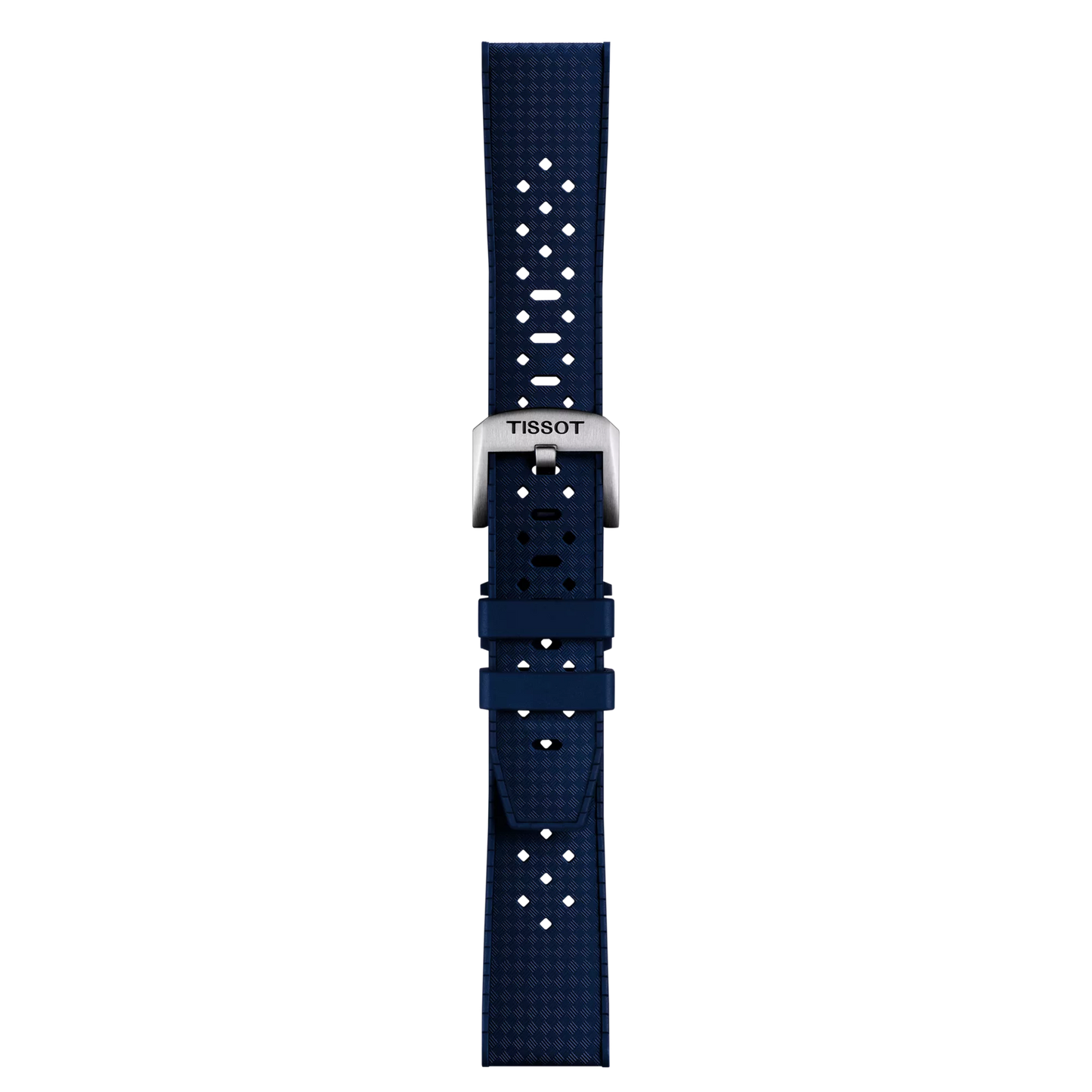 The Tissot Official Blue Rubber Strap (Lugs 20mm) by Tissot features a textured blue silicone design with multiple adjustment holes and a silver buckle engraved with "Tissot," displayed vertically against a plain light gray background.