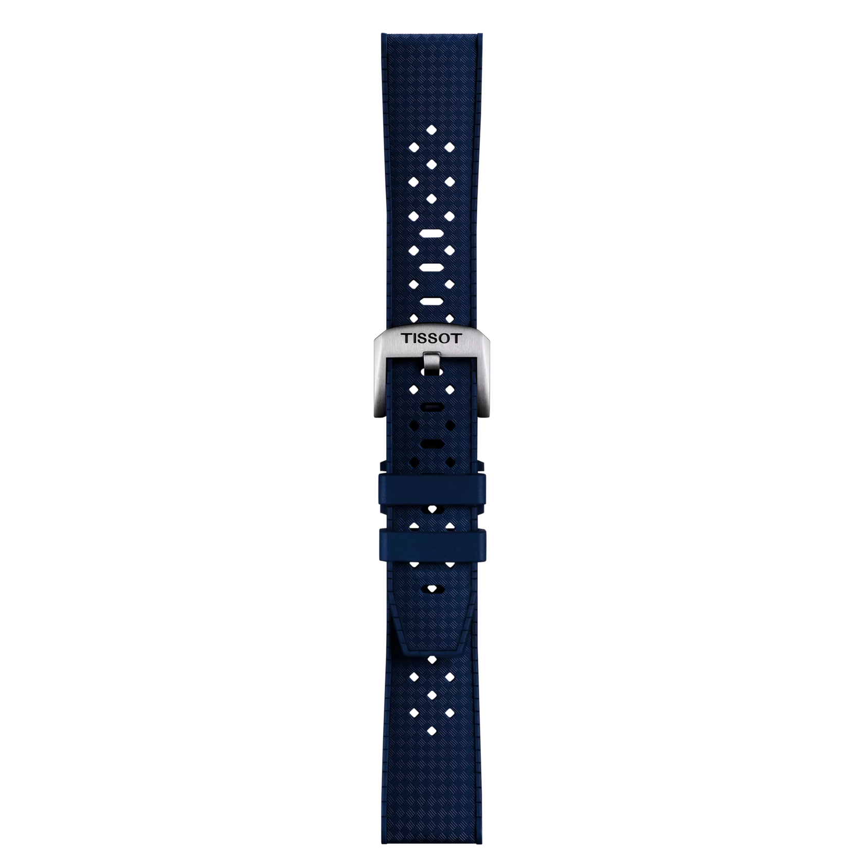 The Tissot Official Blue Rubber Strap (Lugs 20mm) by Tissot features a textured blue silicone design with multiple adjustment holes and a silver buckle engraved with "Tissot," displayed vertically against a plain light gray background.