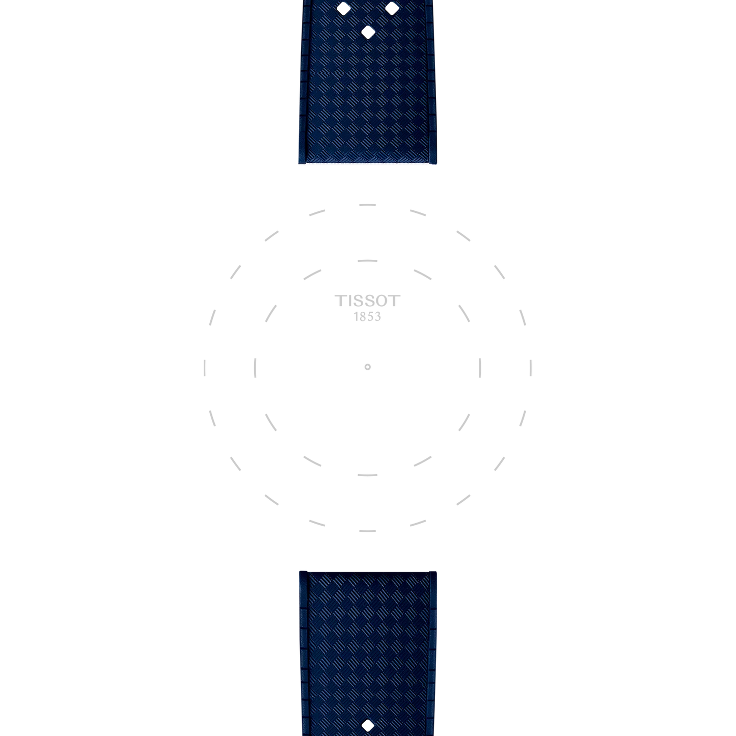 Two Tissot Official Blue Rubber Strap Lugs (20mm) are placed above and below a blank Tissot watch face that displays dashed circle markers and the “TISSOT 1853” logo at its center.