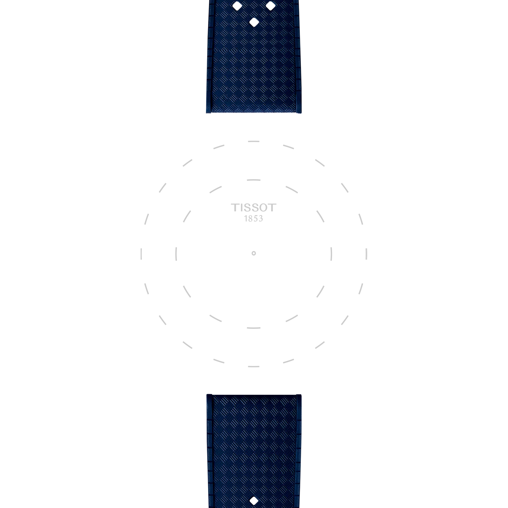 Two Tissot Official Blue Rubber Strap Lugs (20mm) are placed above and below a blank Tissot watch face that displays dashed circle markers and the “TISSOT 1853” logo at its center.