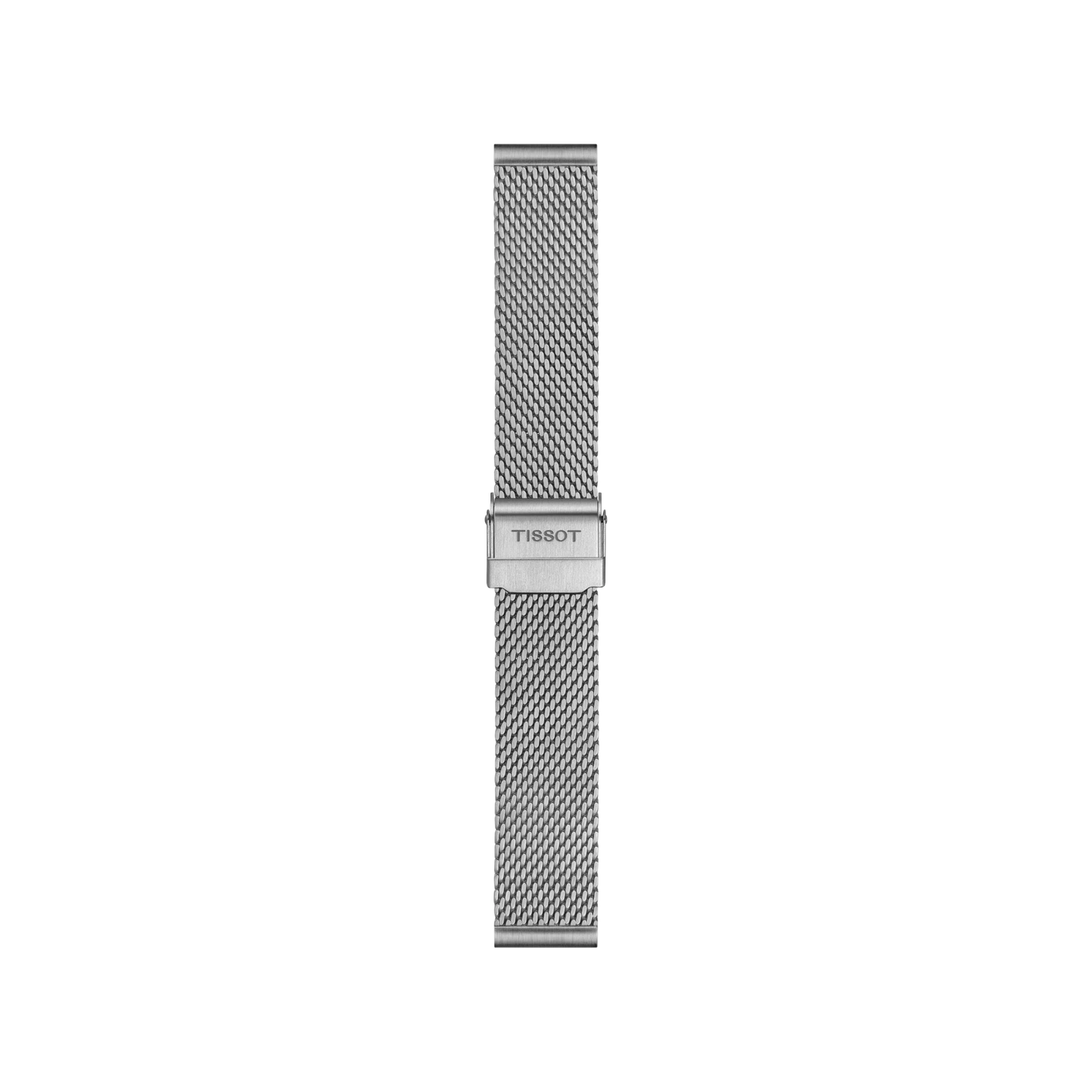 The Tissot Official Steel Milanais Bracelet, featuring 18 mm lugs and a central clasp engraved with "Tissot," is displayed against a plain white background.