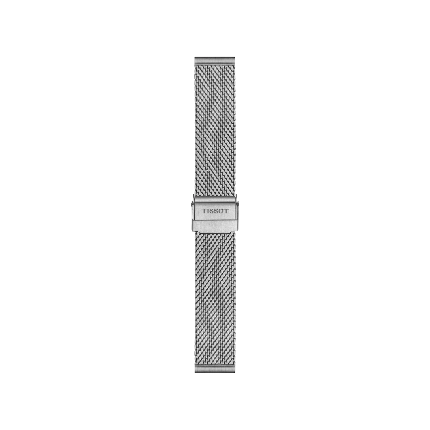 The Tissot Official Steel Milanais Bracelet, featuring 18 mm lugs and a central clasp engraved with "Tissot," is displayed against a plain white background.