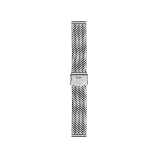 The Tissot Official Steel Milanais Bracelet, featuring 18 mm lugs and a central clasp engraved with "Tissot," is displayed against a plain white background.