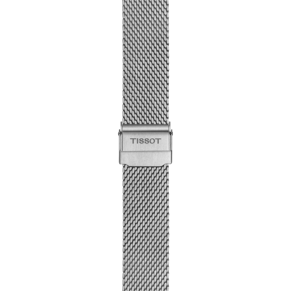 A Tissot Official Steel Milanais Bracelet with 18 mm lugs, featuring a stainless steel mesh design and a clasp engraved with "TISSOT" in uppercase letters, displayed vertically against a white background.