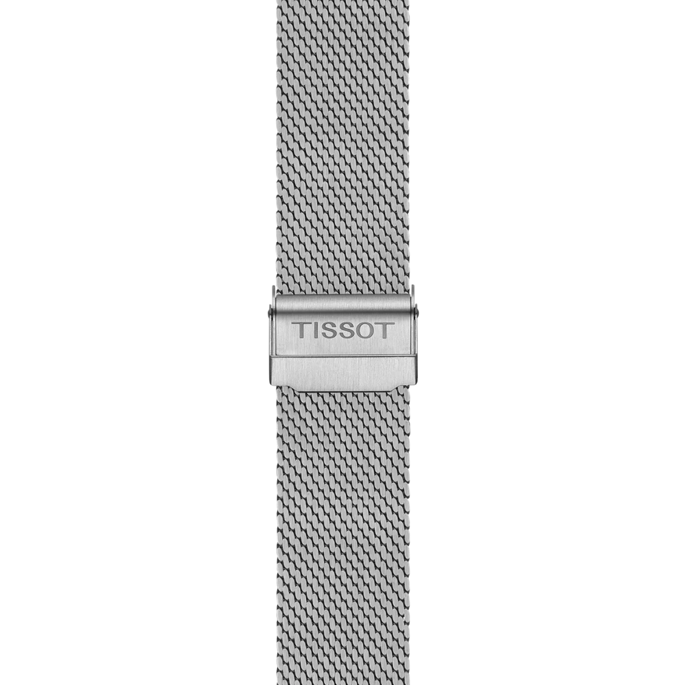 A close-up of the Tissot Official Steel Milanais Bracelet with 22 mm lugs, featuring a silver mesh band and a clasp engraved with "TISSOT" in capital letters. The background is plain white.
