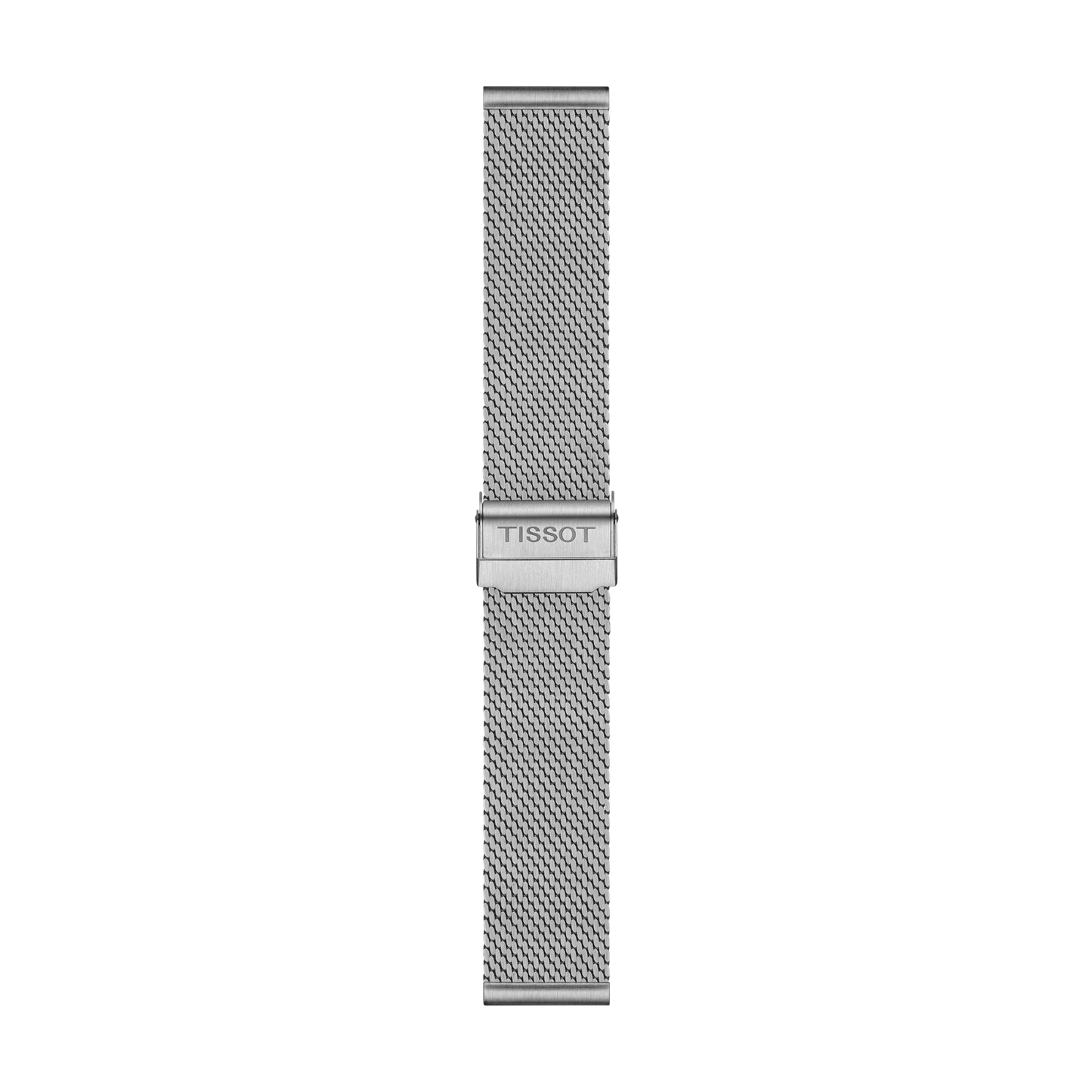 Tissot Official Steel Milanais Bracelet Lugs 22 mm featuring a silver mesh watch strap and a central clasp engraved with "TISSOT," showcased vertically against a plain white background.