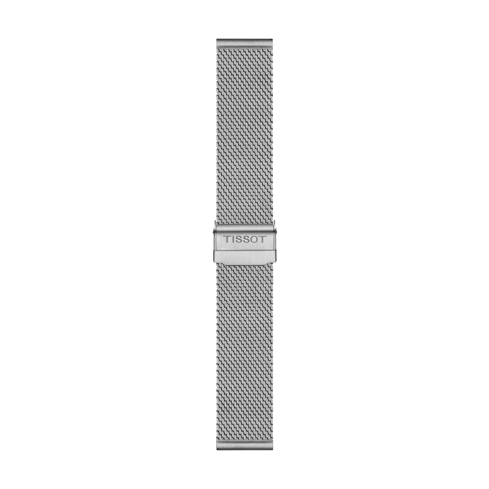 Tissot Official Steel Milanais Bracelet Lugs 22 mm featuring a silver mesh watch strap and a central clasp engraved with "TISSOT," showcased vertically against a plain white background.
