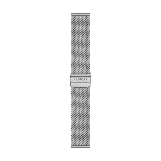 Tissot Official Steel Milanais Bracelet Lugs 22 mm featuring a silver mesh watch strap and a central clasp engraved with "TISSOT," showcased vertically against a plain white background.
