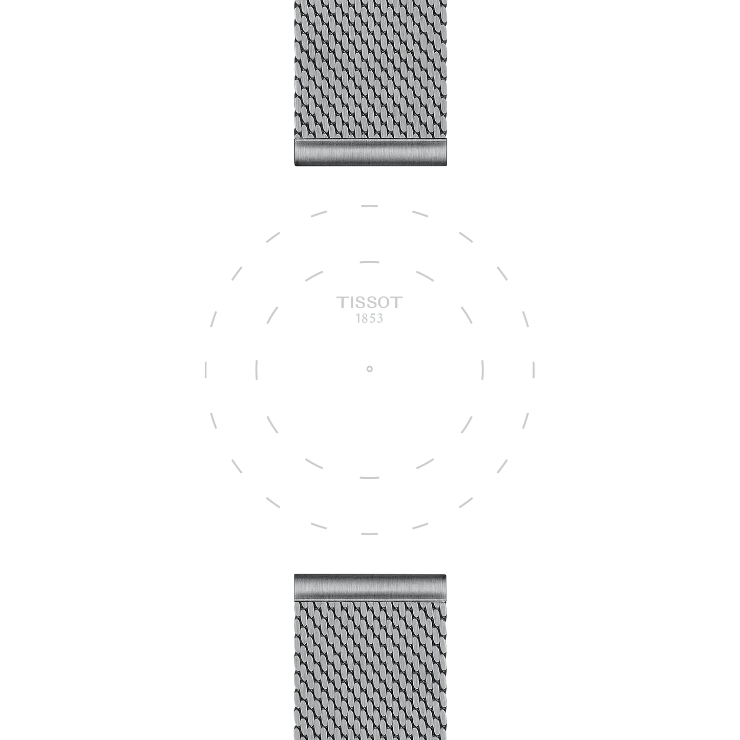 A minimalist watch featuring dotted hour markers and the brand name "TISSOT 1853" at the center, paired with a Tissot Official Steel Milanais Bracelet (22 mm lugs) visible at the top and bottom; the hands and watch dial are not shown.