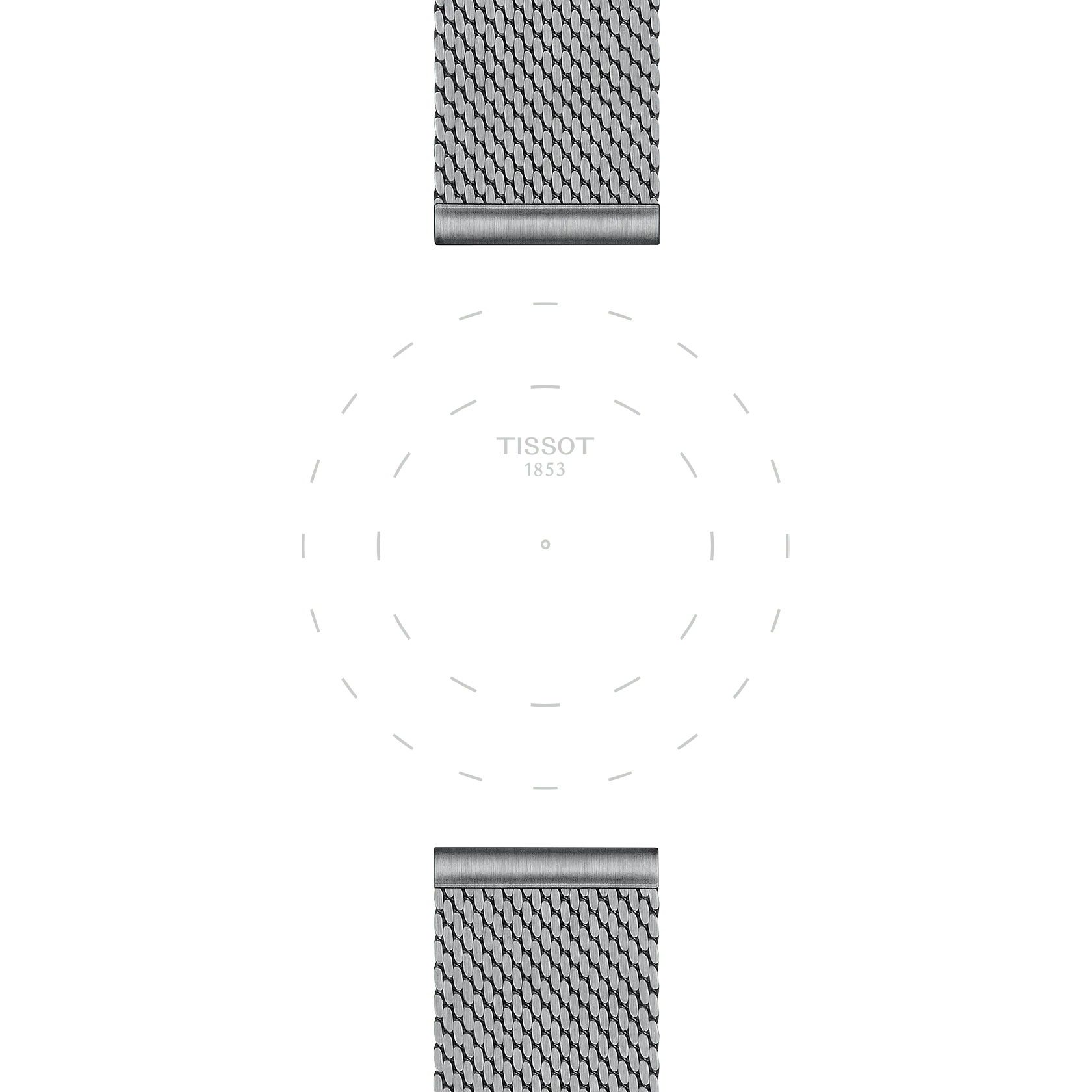 A minimalist watch featuring dotted hour markers and the brand name "TISSOT 1853" at the center, paired with a Tissot Official Steel Milanais Bracelet (22 mm lugs) visible at the top and bottom; the hands and watch dial are not shown.
