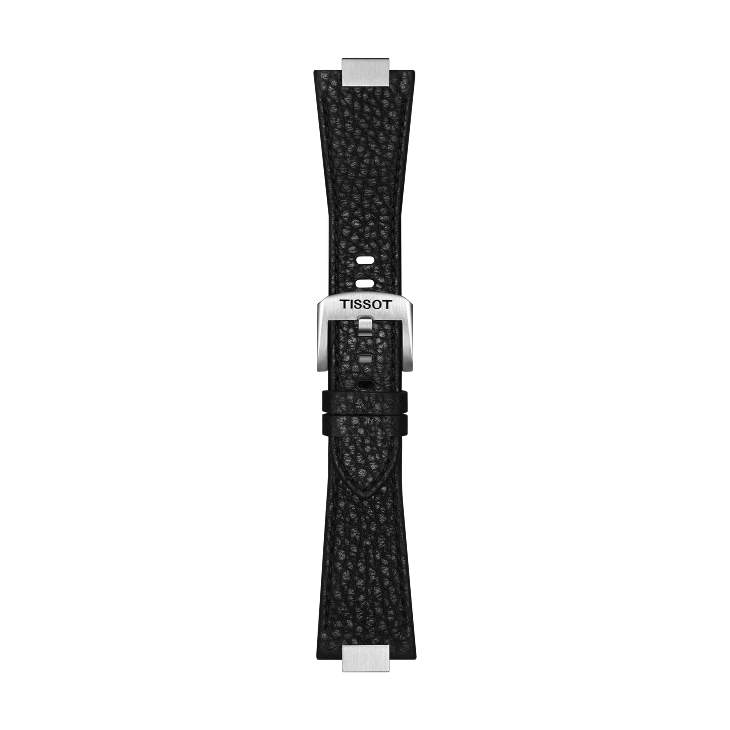 The Tissot Official Black PRX 35mm Leather Strap features a black textured leather design and a silver buckle engraved with the Tissot logo, showcased vertically against a plain white background.