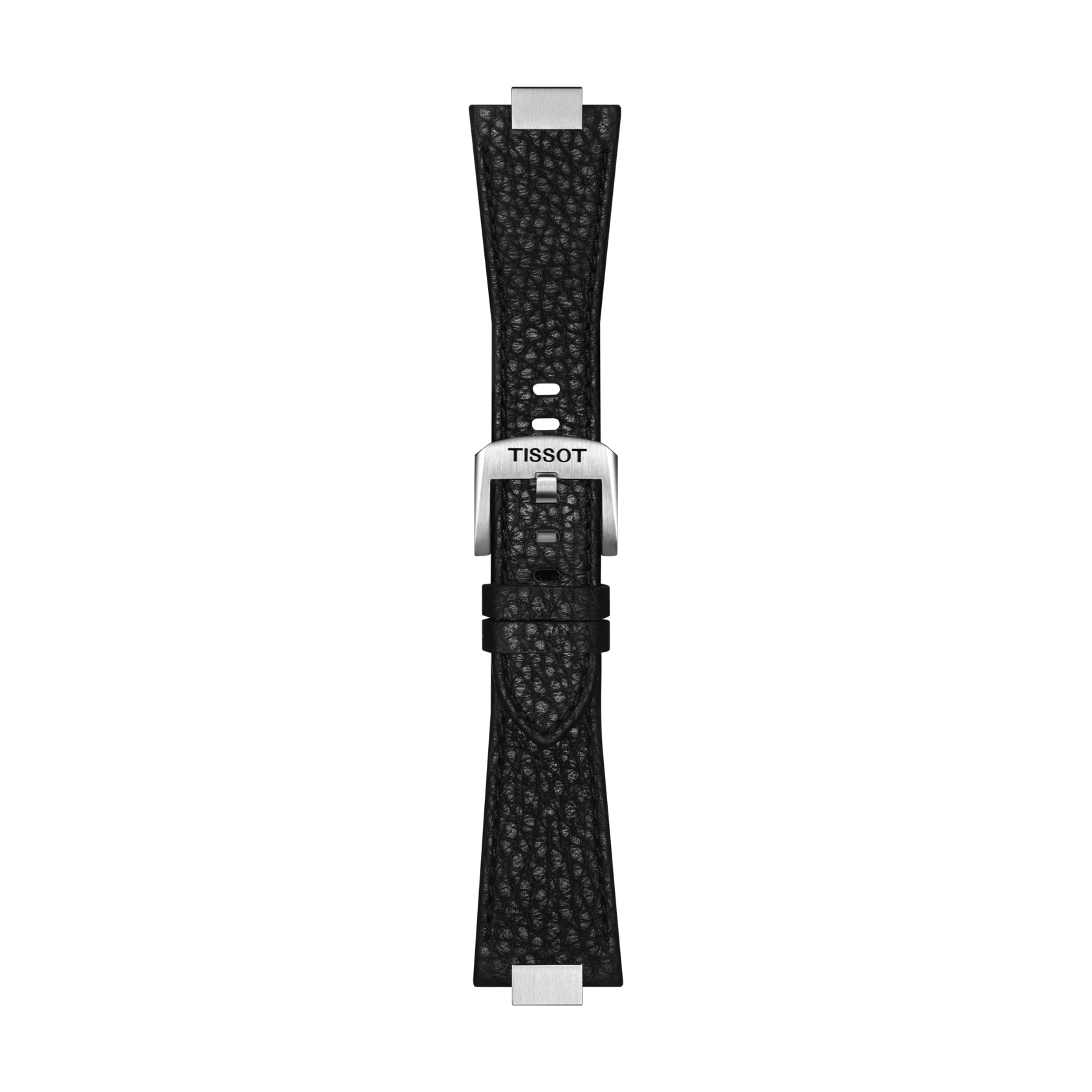 The Tissot Official Black PRX 35mm Leather Strap features a black textured leather design and a silver buckle engraved with the Tissot logo, showcased vertically against a plain white background.