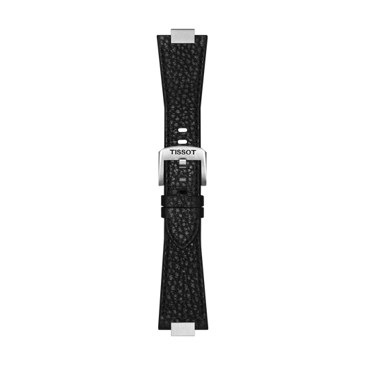 The Tissot Official Black PRX 35mm Leather Strap features a black textured leather design and a silver buckle engraved with the Tissot logo, showcased vertically against a plain white background.