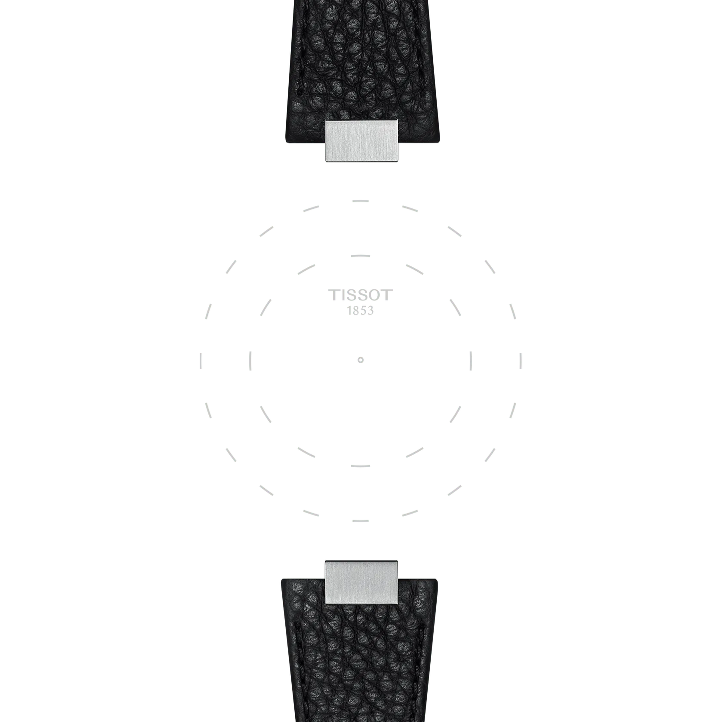 Tissot Official Black PRX 35mm leather strap with a silver buckle, displayed apart at the center where the watch face would be; "Tissot 1853" is printed in the middle on a white background featuring dotted circular lines.