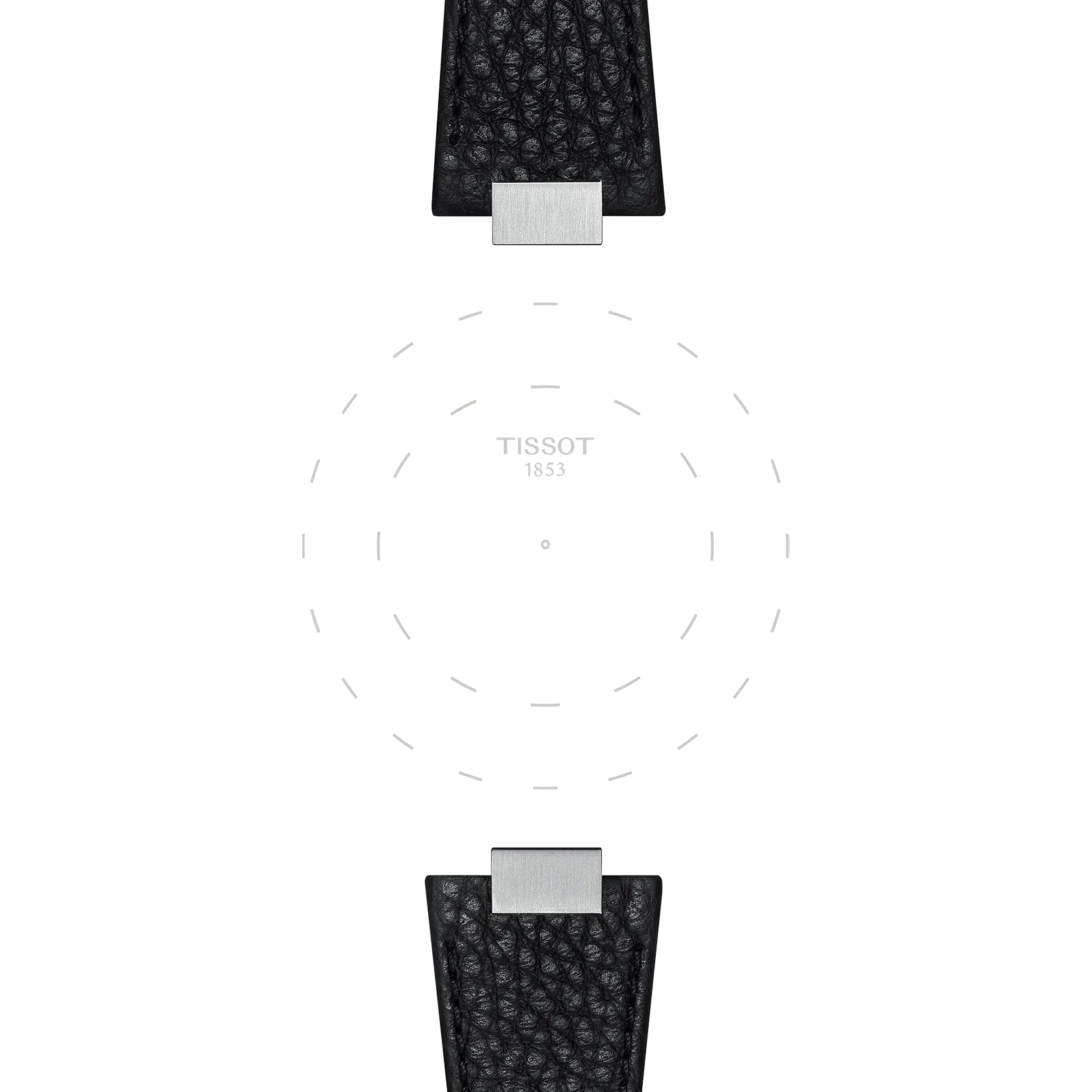 Tissot Official Black PRX 35mm leather strap with a silver buckle, displayed apart at the center where the watch face would be; "Tissot 1853" is printed in the middle on a white background featuring dotted circular lines.