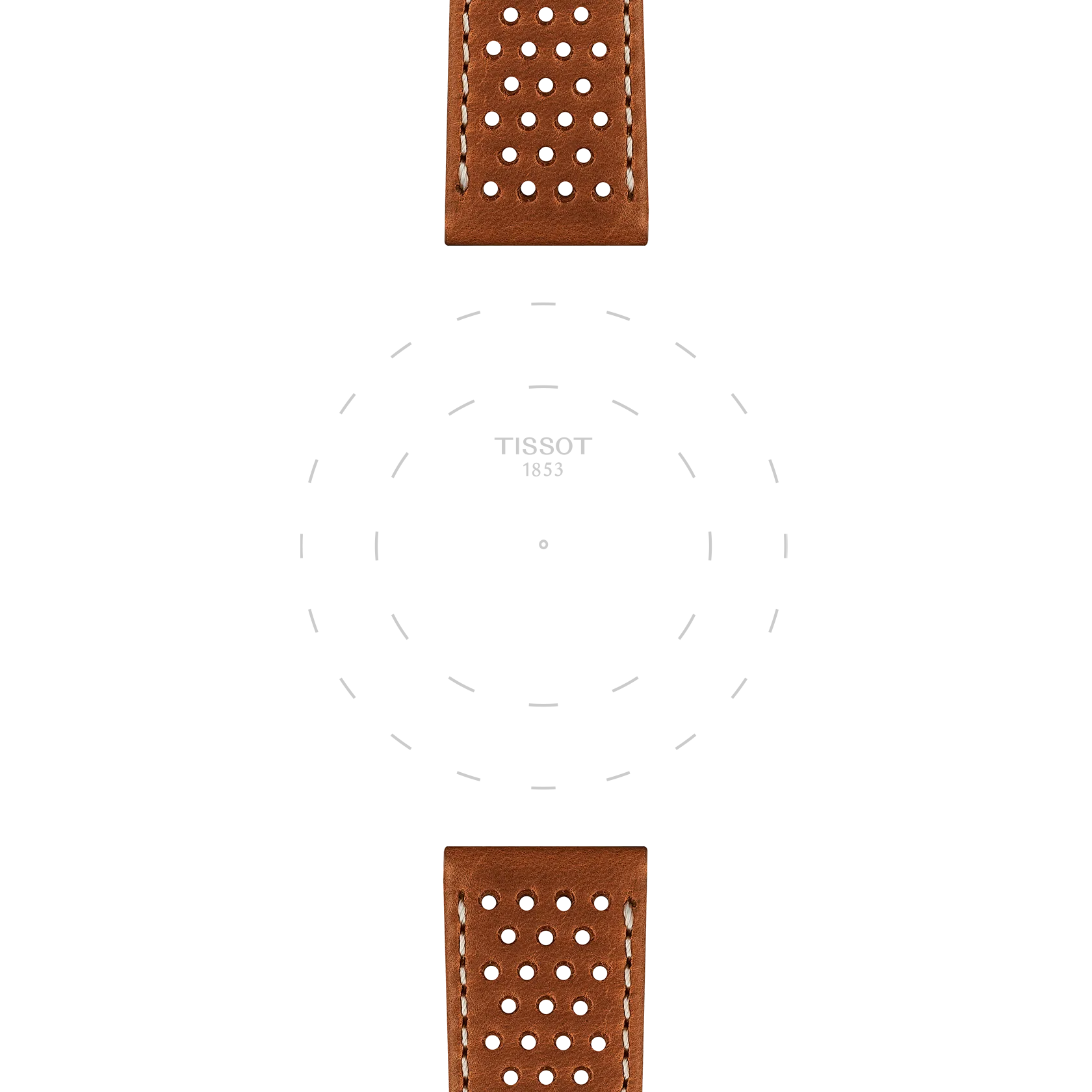 Two Tissot Official Light Brown Leather Straps (Lugs 20 mm) are displayed, placed at the top and bottom of a white background accented with faint dotted circles and "TISSOT 1853" printed in the center.