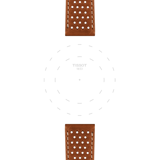 Two Tissot Official Light Brown Leather Straps (Lugs 20 mm) are displayed, placed at the top and bottom of a white background accented with faint dotted circles and "TISSOT 1853" printed in the center.