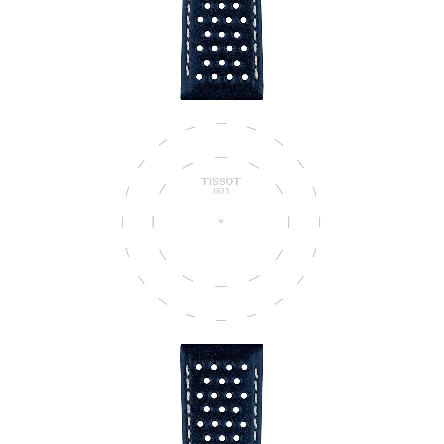 Two perforated, blue leather Tissot Official straps with 20 mm lugs appear at the top and bottom of the image. The center shows faint, dashed circle outlines with the text “TISSOT 1853” in the middle on a white background.