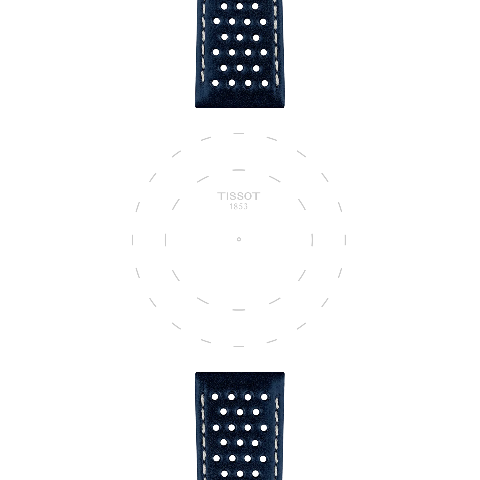 Two perforated, blue leather Tissot Official straps with 20 mm lugs appear at the top and bottom of the image. The center shows faint, dashed circle outlines with the text “TISSOT 1853” in the middle on a white background.