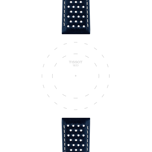 Two perforated, blue leather Tissot Official straps with 20 mm lugs appear at the top and bottom of the image. The center shows faint, dashed circle outlines with the text “TISSOT 1853” in the middle on a white background.
