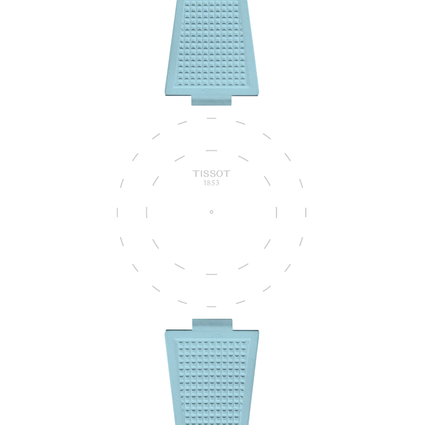 A minimalistic watch face featuring the Tissot logo at the center, complemented by light blue textured rubber straps above and below, with dashed lines encircling the text on a white background.