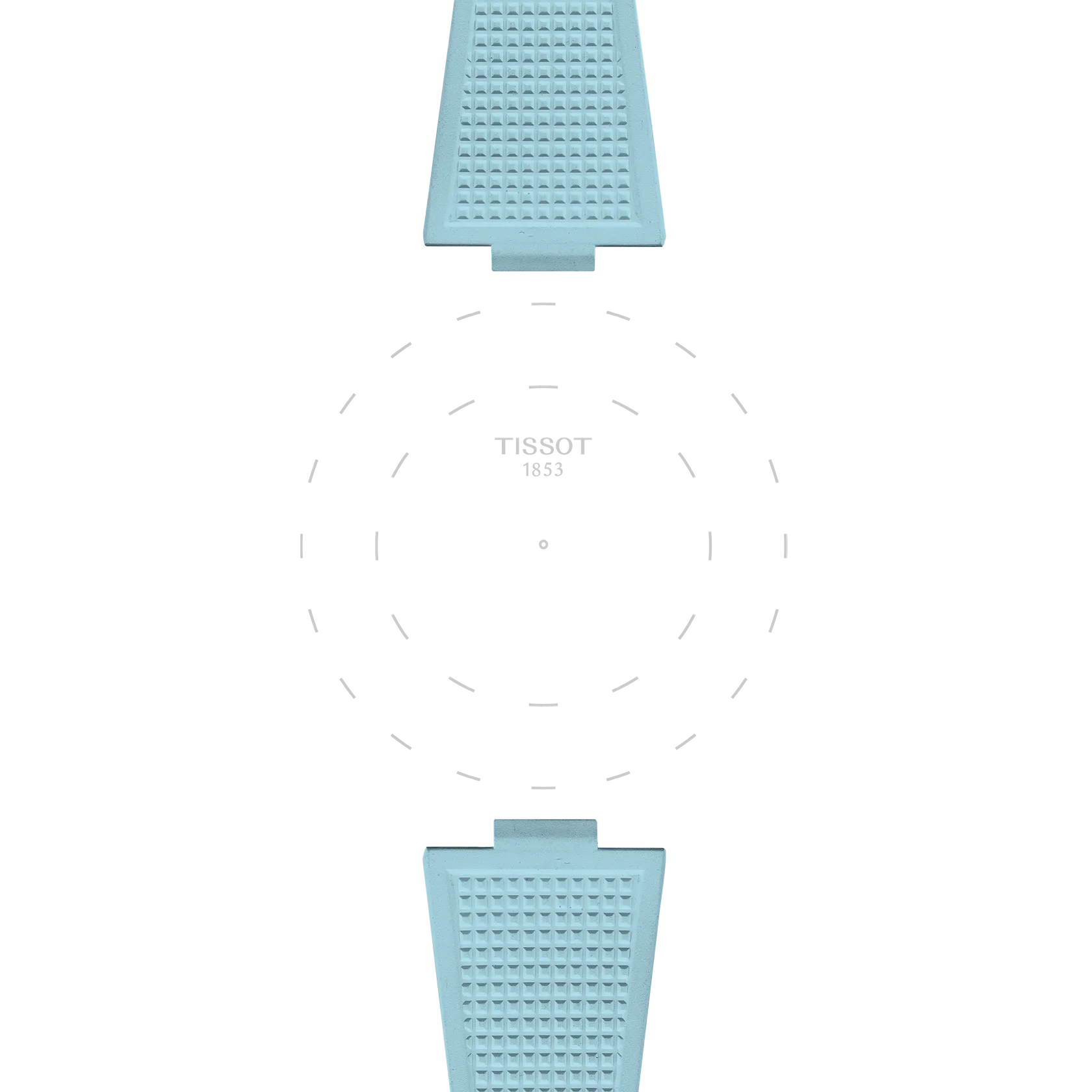 A minimalistic watch face featuring the Tissot logo at the center, complemented by light blue textured rubber straps above and below, with dashed lines encircling the text on a white background.
