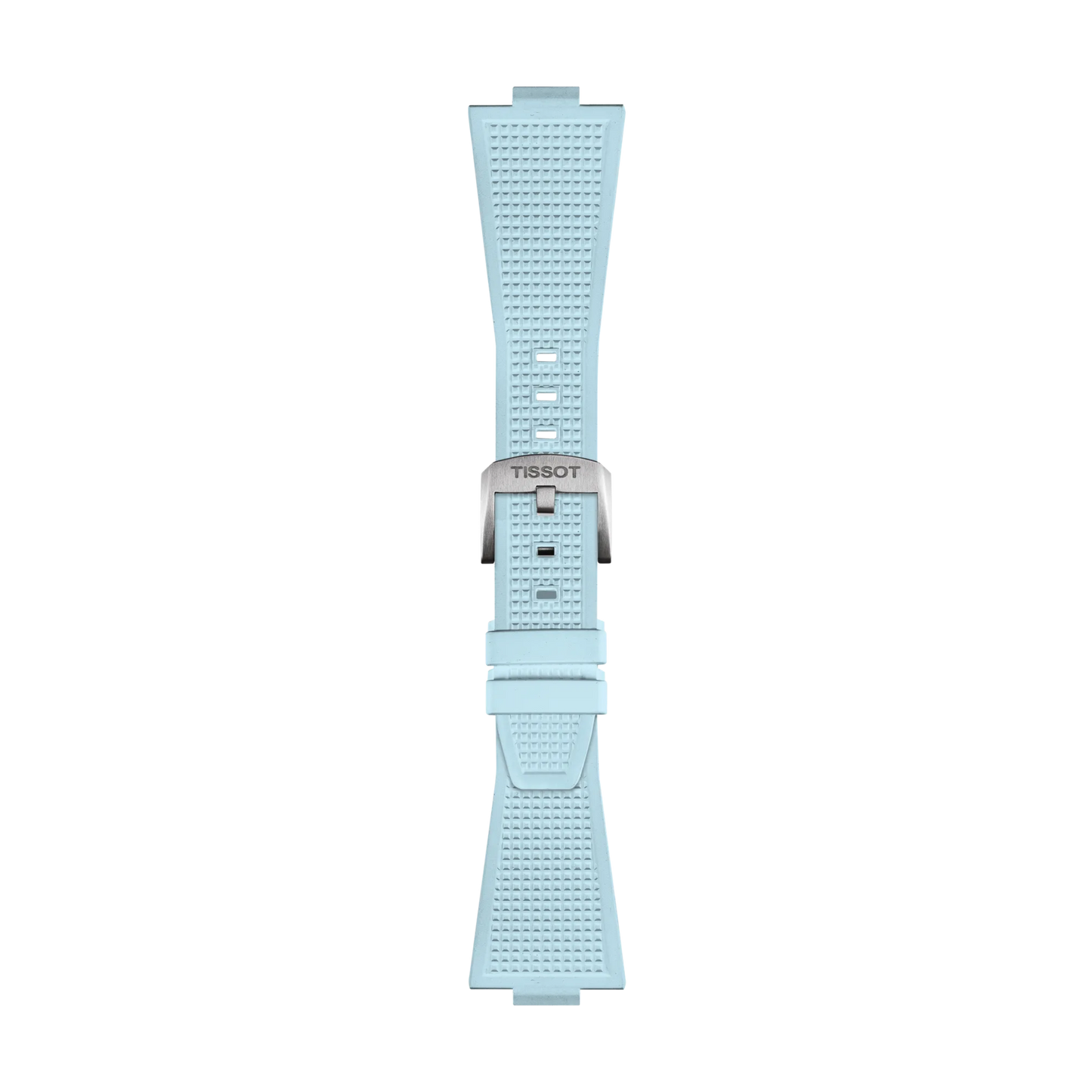 The Tissot Official PRX Light Blue Rubber Strap by Tissot is showcased on a white background. This strap features a light blue, grid-textured design with multiple adjustment holes and is finished with a silver Tissot buckle.