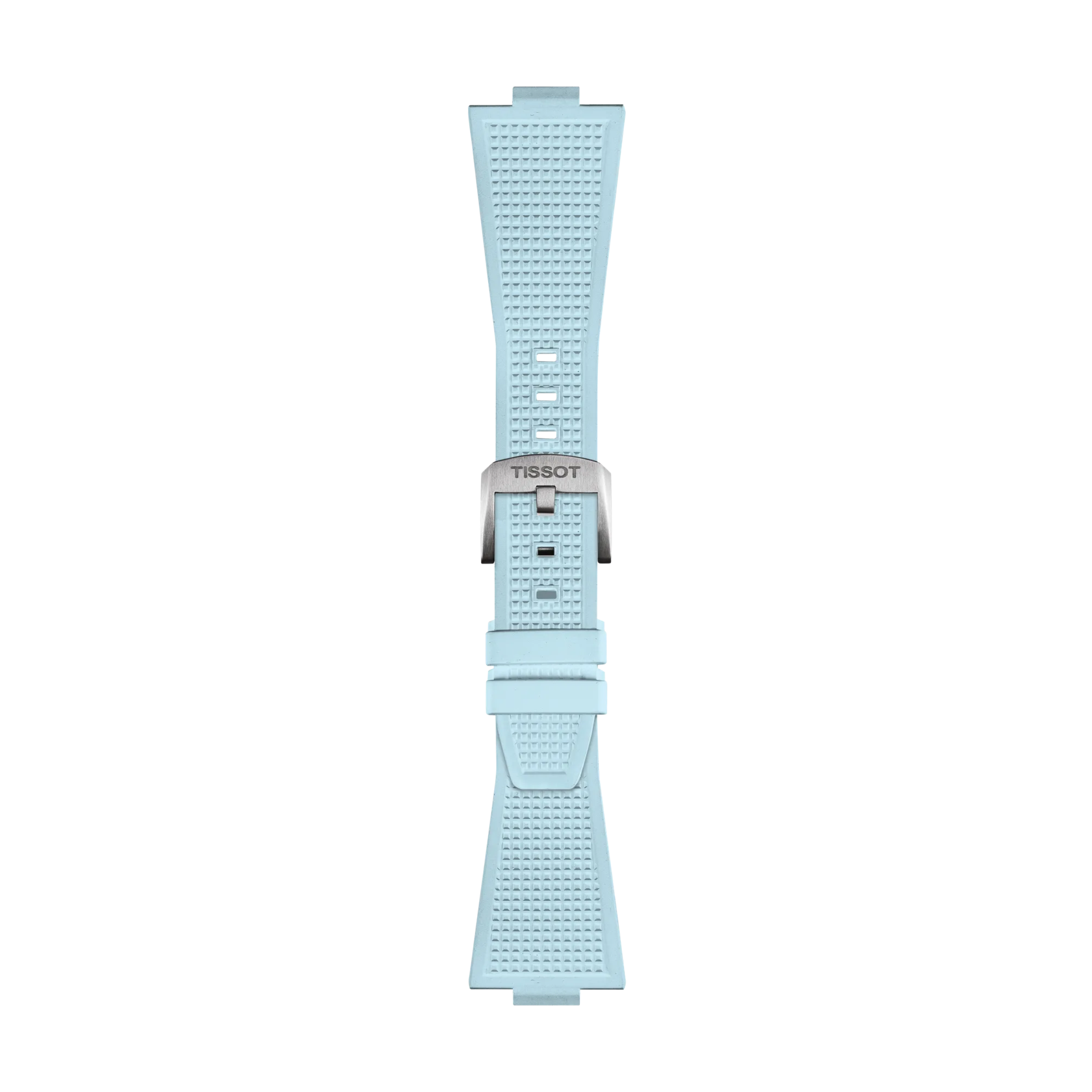 The Tissot Official PRX Light Blue Rubber Strap by Tissot is showcased on a white background. This strap features a light blue, grid-textured design with multiple adjustment holes and is finished with a silver Tissot buckle.