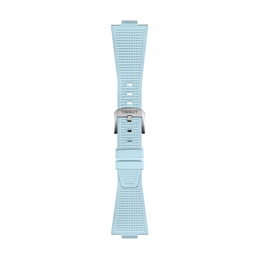 The Tissot Official PRX Light Blue Rubber Strap by Tissot is showcased on a white background. This strap features a light blue, grid-textured design with multiple adjustment holes and is finished with a silver Tissot buckle.