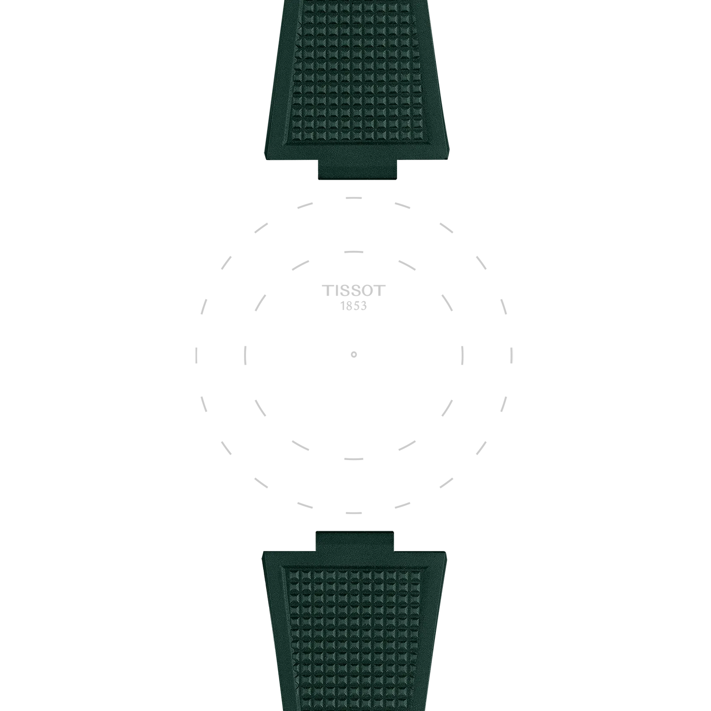 Two Tissot Official PRX 40mm dark green rubber straps are arranged opposite each other on a white background, framing a subtle circular outline with the word "TISSOT 1853" at the center.
