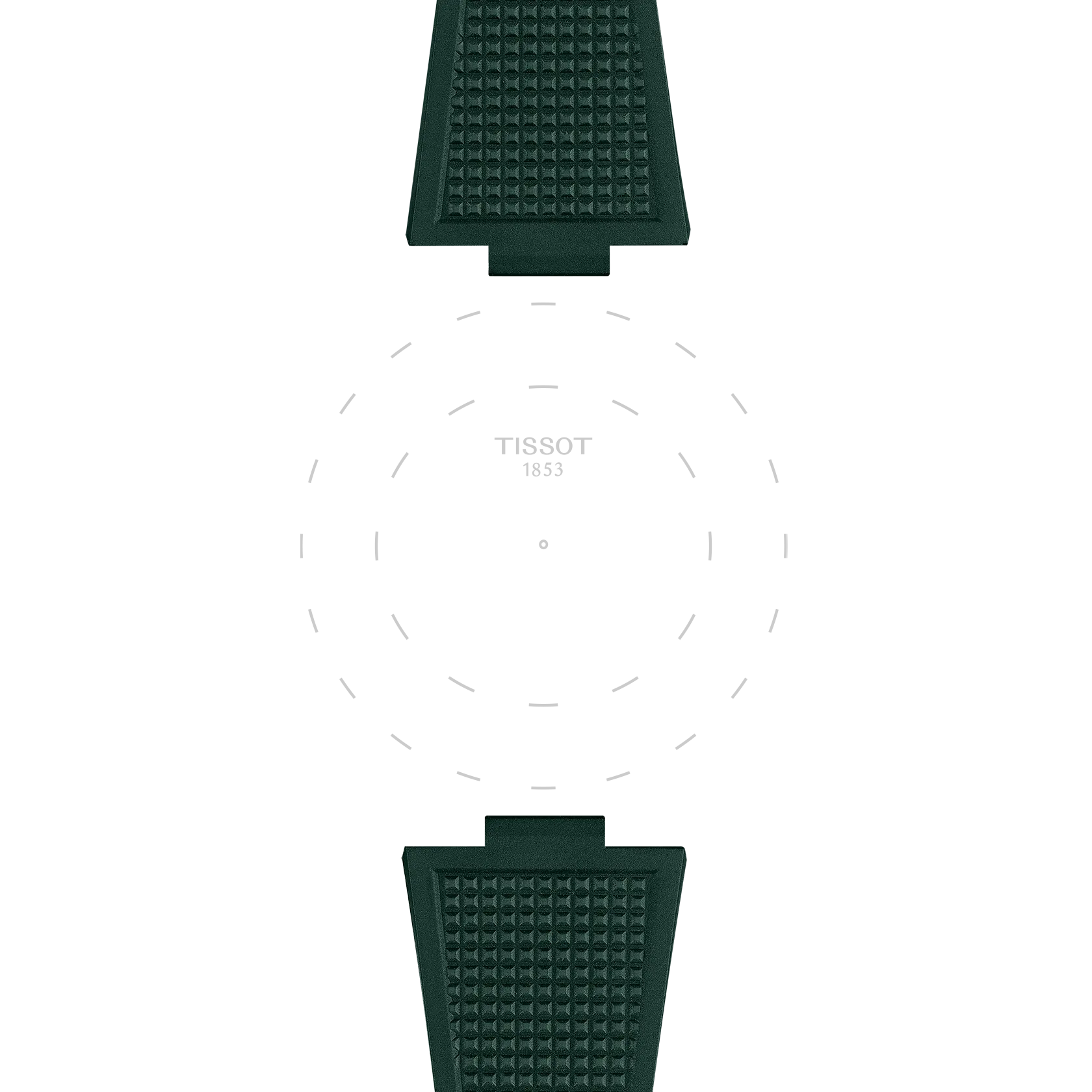 Two Tissot Official PRX 40mm dark green rubber straps are arranged opposite each other on a white background, framing a subtle circular outline with the word "TISSOT 1853" at the center.