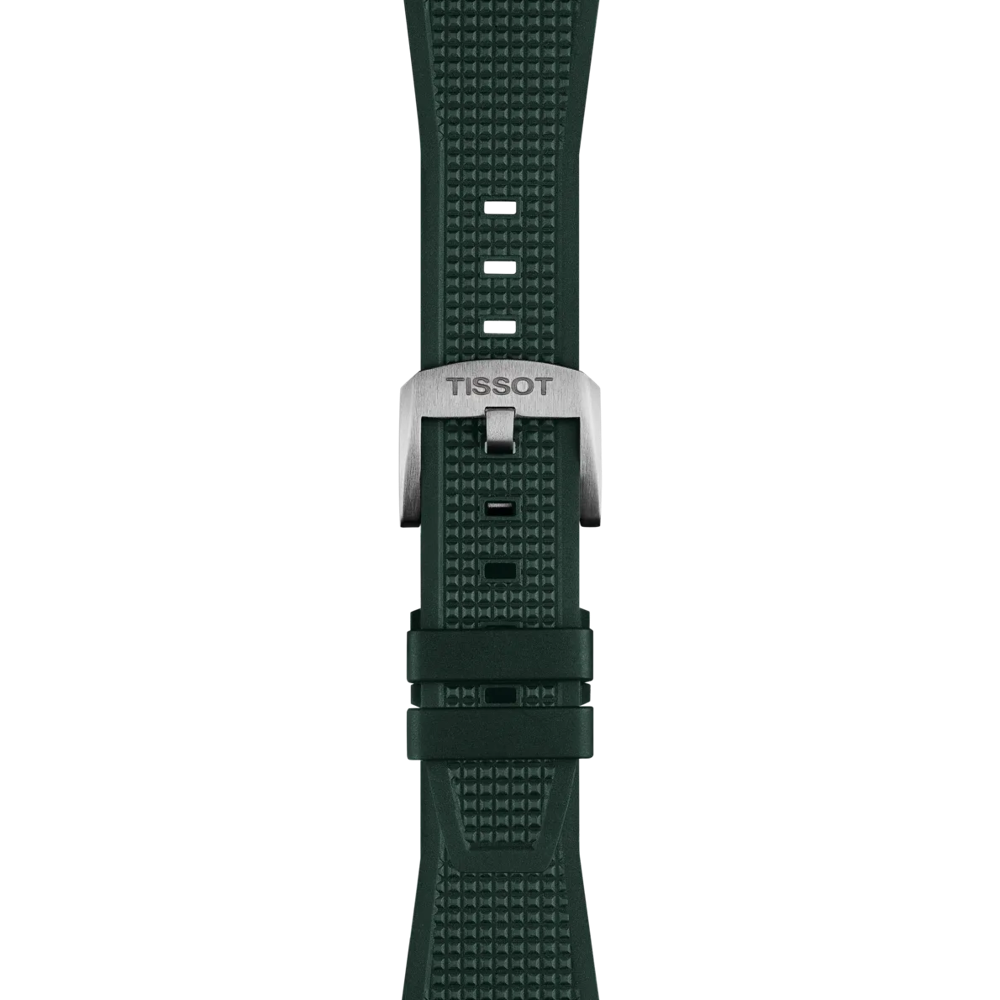 The Tissot Official PRX 40mm Dark Green Rubber Strap features a textured dark green design with rectangular holes, two loops for securing the end, and a silver buckle engraved with "TISSOT," displayed against a plain white background.