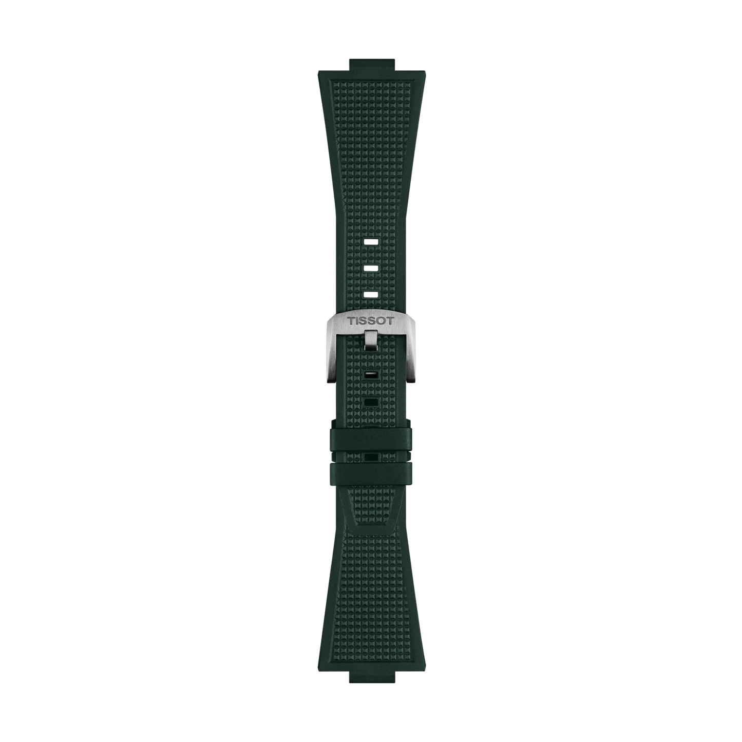 The Tissot Official PRX 40mm Dark Green Rubber Strap features a dark green textured rubber design and a silver Tissot buckle, displayed flat on a white background.