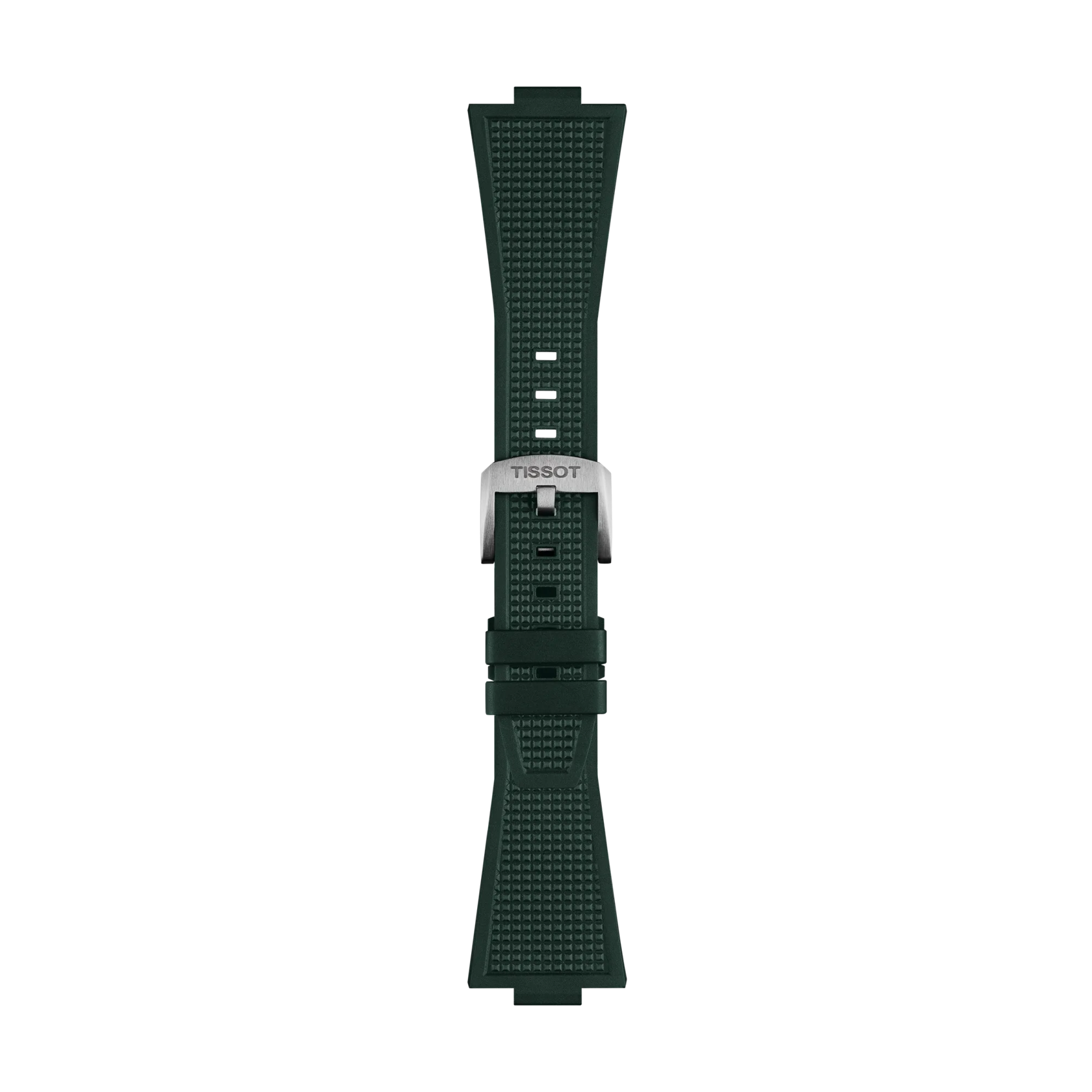 The Tissot Official PRX 40mm Dark Green Rubber Strap features a dark green textured rubber design and a silver Tissot buckle, displayed flat on a white background.