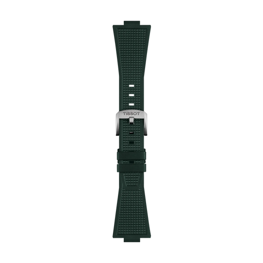 The Tissot Official PRX 40mm Dark Green Rubber Strap features a dark green textured rubber design and a silver Tissot buckle, displayed flat on a white background.