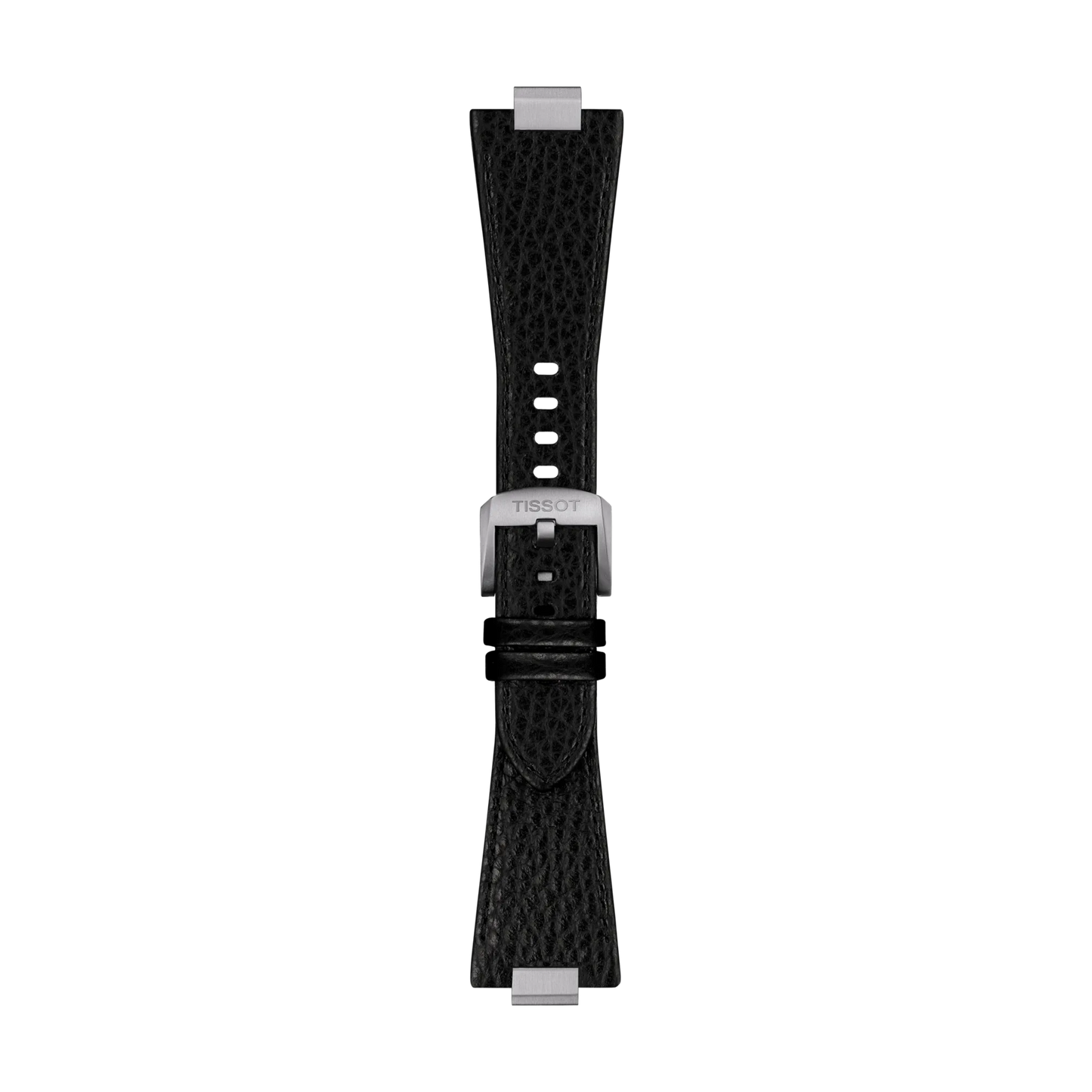 The Tissot Official PRX 40mm Black Leather Strap, featuring a black textured leather design with silver metal clasp and connectors, is displayed vertically against a plain white background.
