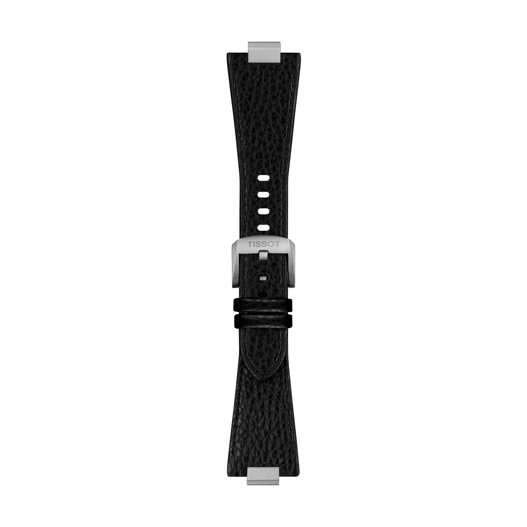 The Tissot Official PRX 40mm Black Leather Strap, featuring a black textured leather design with silver metal clasp and connectors, is displayed vertically against a plain white background.