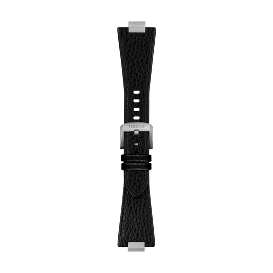The Tissot Official PRX 40mm Black Leather Strap, featuring a black textured leather design with silver metal clasp and connectors, is displayed vertically against a plain white background.