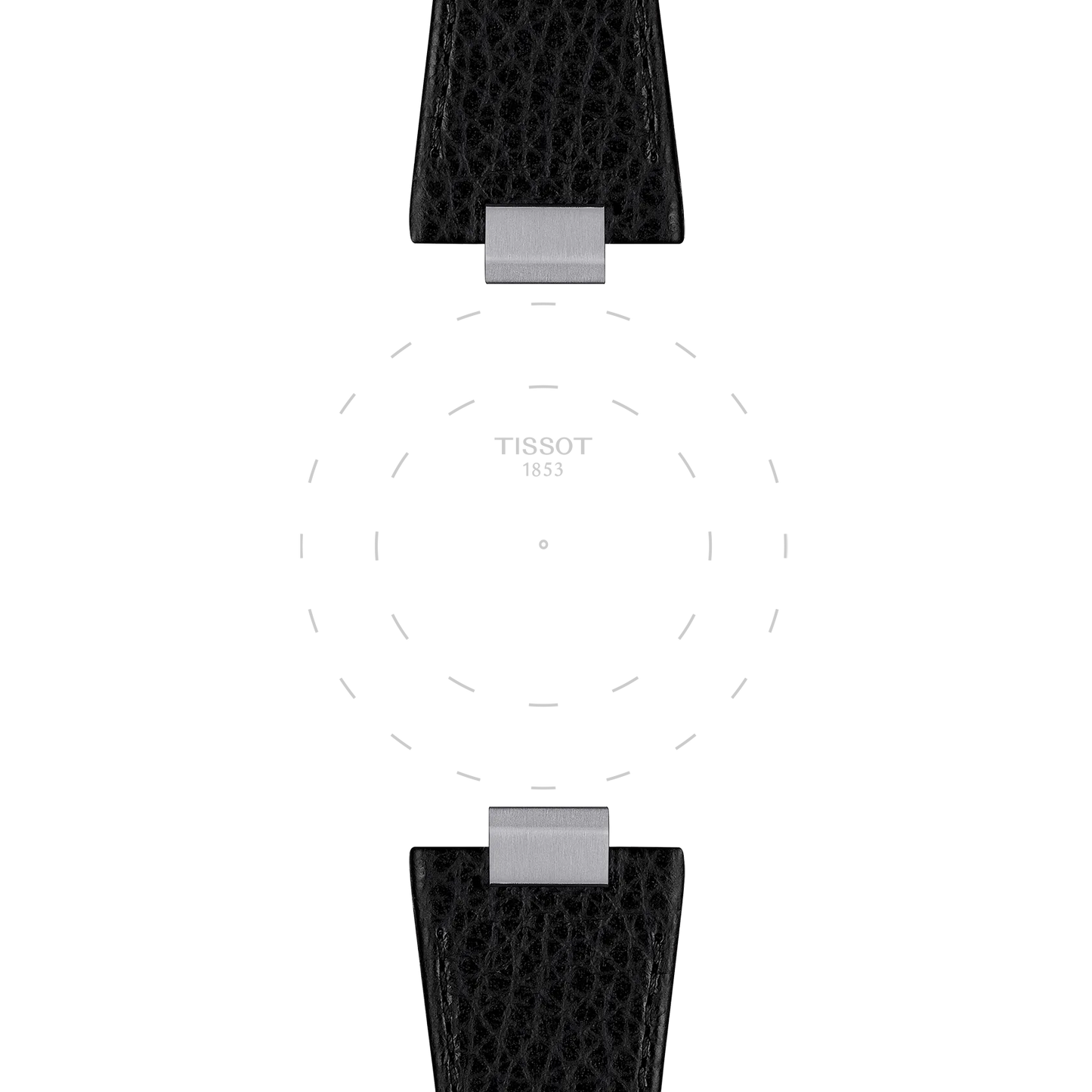 Two Tissot Official PRX 40mm black leather straps with a metal hinge frame an empty circular space. The brand name "Tissot" is printed in the center, accompanied by faint dashed lines that outline a watch face.