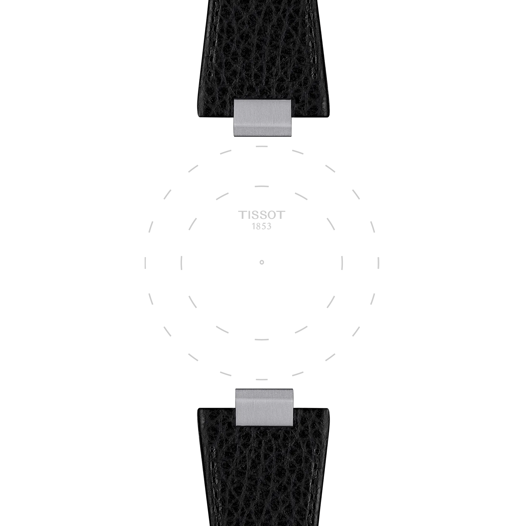 Two Tissot Official PRX 40mm black leather straps with a metal hinge frame an empty circular space. The brand name "Tissot" is printed in the center, accompanied by faint dashed lines that outline a watch face.