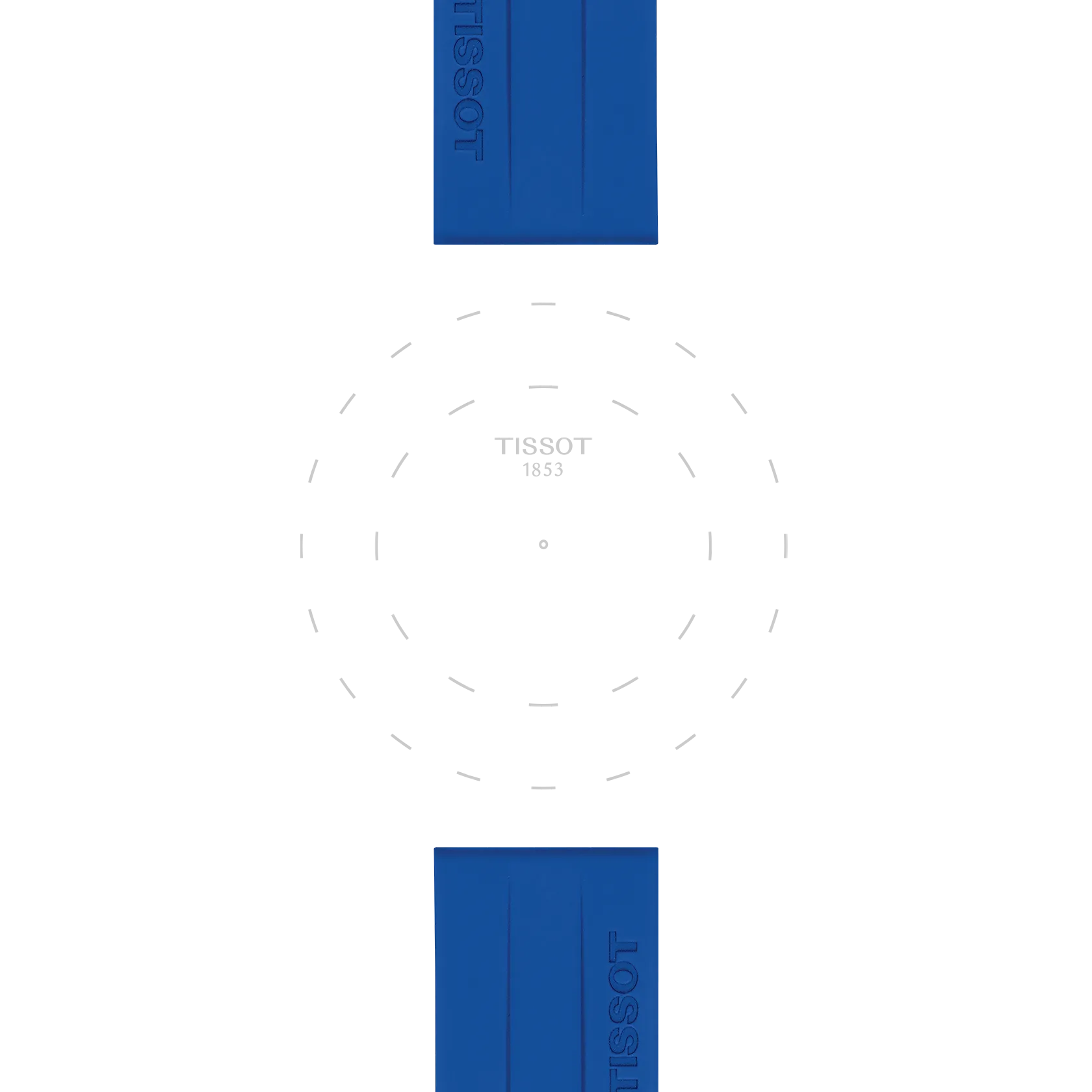 Two Tissot Official Blue Silicone Straps with 22mm lugs are displayed above and below a faint, dashed outline of a watch face featuring "TISSOT 1853" at the center, all set against a white background.