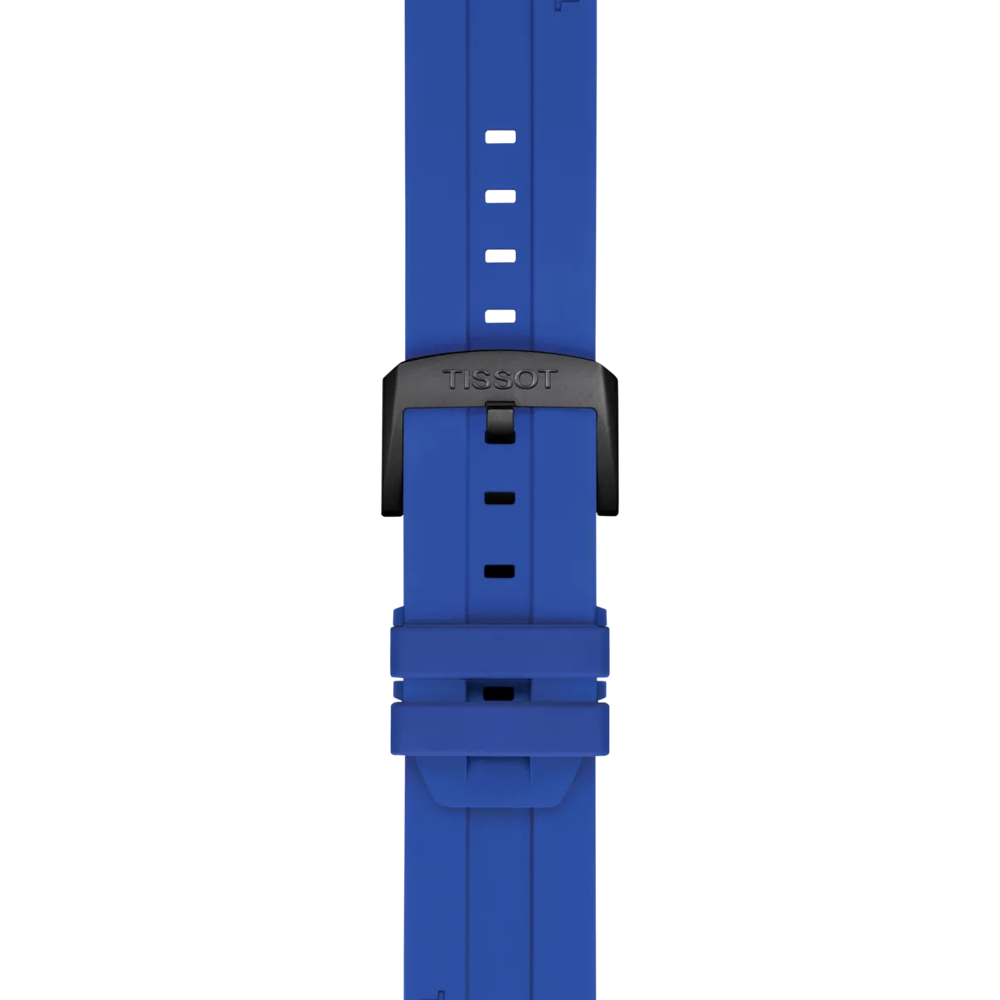The Tissot Official Blue Silicone Strap features 22mm lugs and is crafted from premium blue silicone. It comes equipped with a black metal buckle engraved with "TISSOT," multiple adjustment holes, and twin loops to secure the end. The strap is displayed against a plain white background.