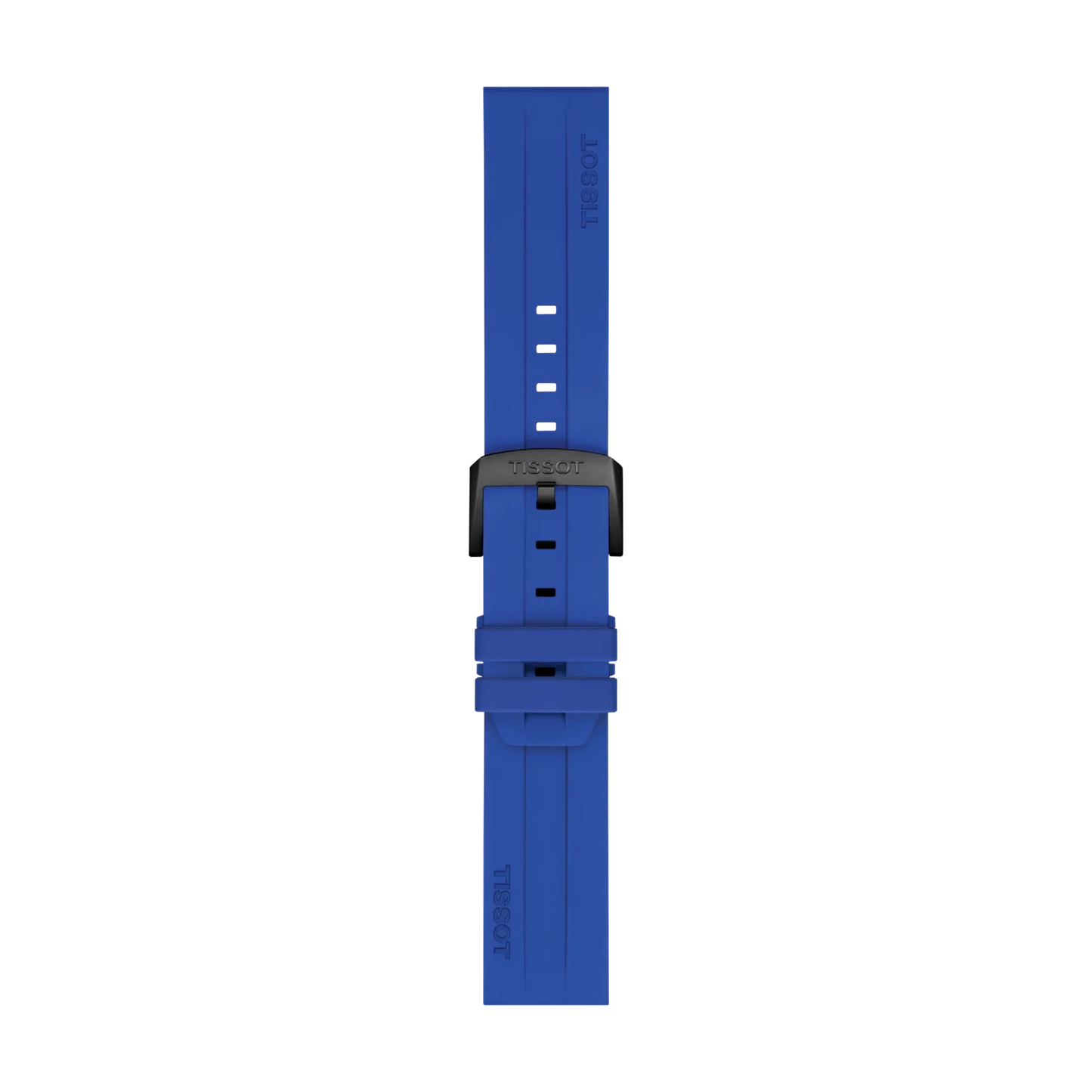Tissot Official Blue Silicone Strap with 22mm lugs, featuring a black buckle, is displayed from the top on a plain white background. The strap includes multiple holes for adjustable sizing and has the "TISSOT" brand name embossed on it.