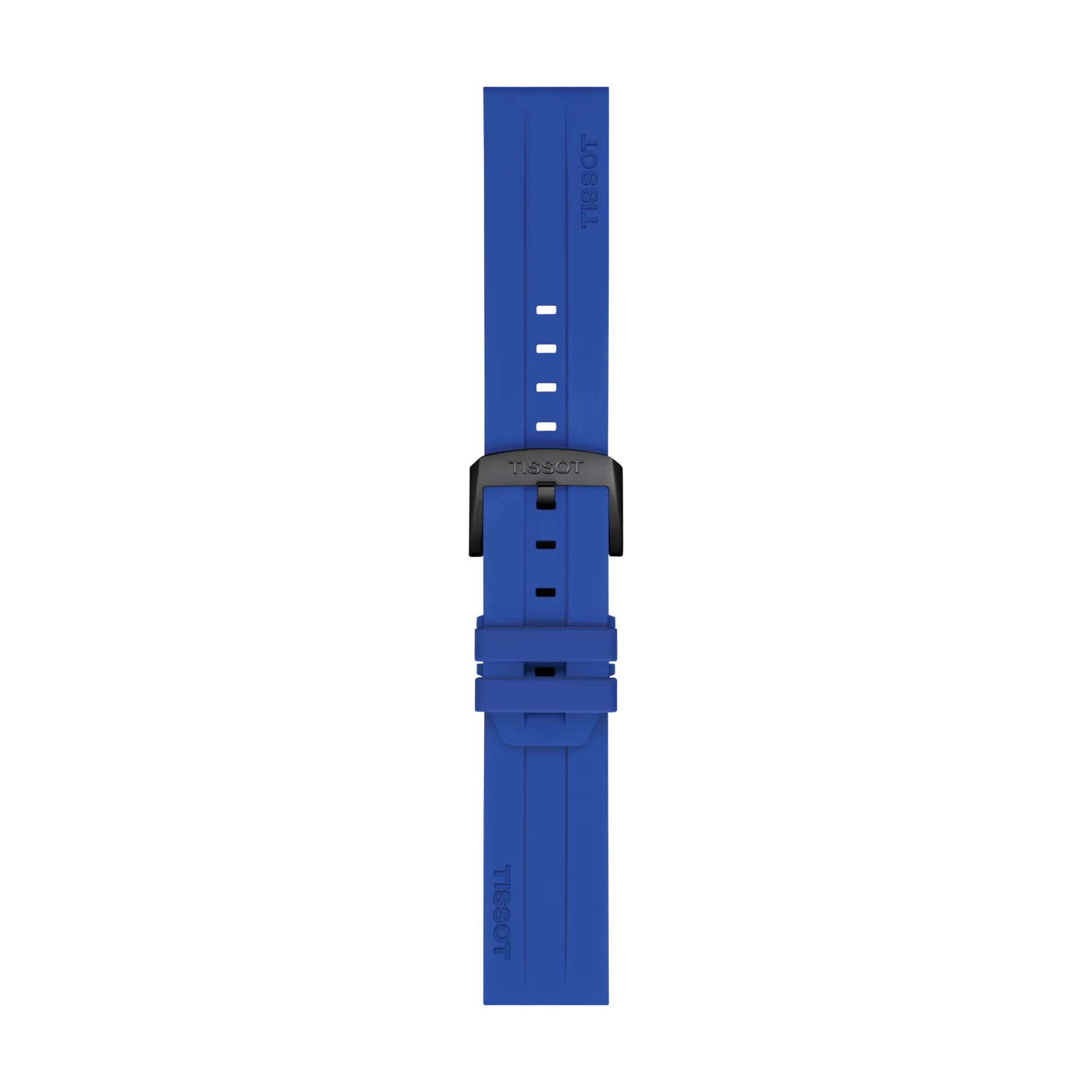 Tissot Official Blue Silicone Strap with 22mm lugs, featuring a black buckle, is displayed from the top on a plain white background. The strap includes multiple holes for adjustable sizing and has the "TISSOT" brand name embossed on it.