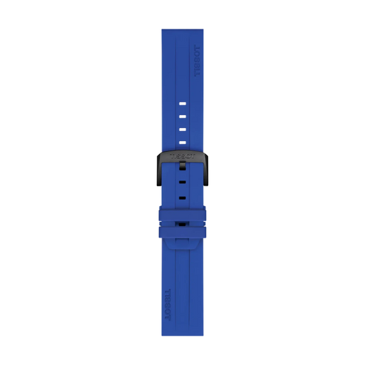 Tissot Official Blue Silicone Strap with 22mm lugs, featuring a black buckle, is displayed from the top on a plain white background. The strap includes multiple holes for adjustable sizing and has the "TISSOT" brand name embossed on it.