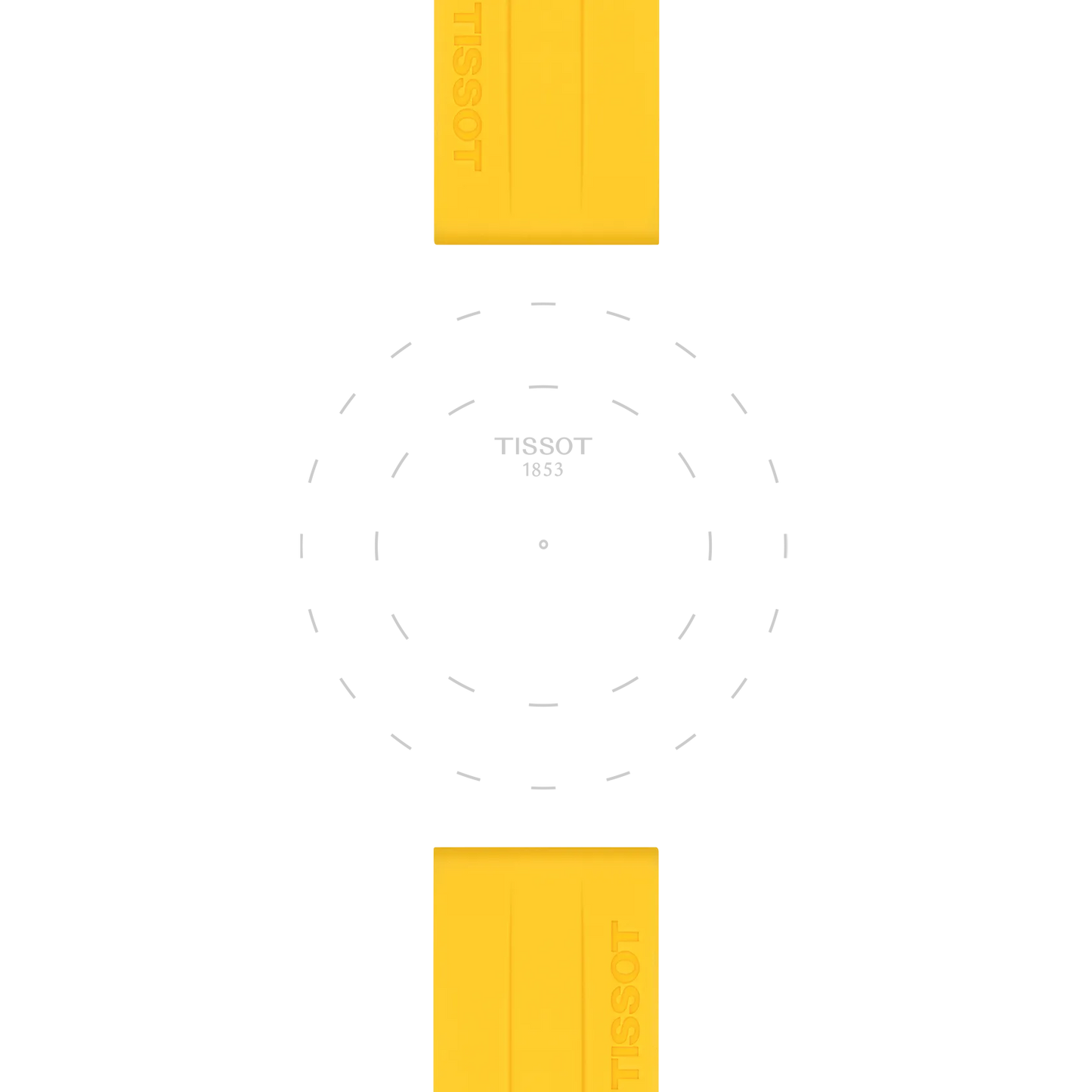 Two Tissot Official Silicone Yellow Straps (Lugs 22 mm), placed along the top and bottom, frame a subtle dashed circle encircling "TISSOT 1853" at the center on a white background.