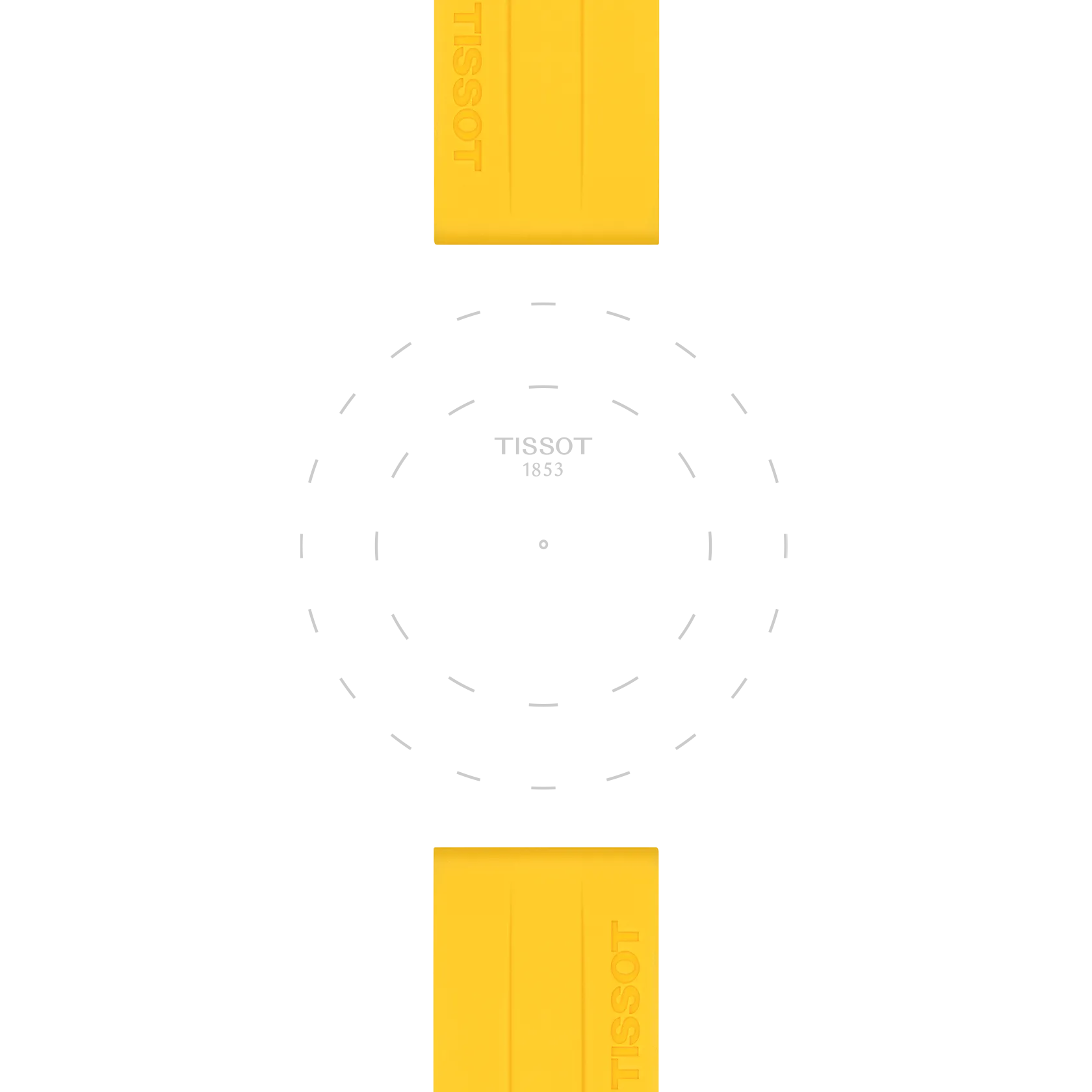 Two Tissot Official Silicone Yellow Straps (Lugs 22 mm), placed along the top and bottom, frame a subtle dashed circle encircling "TISSOT 1853" at the center on a white background.